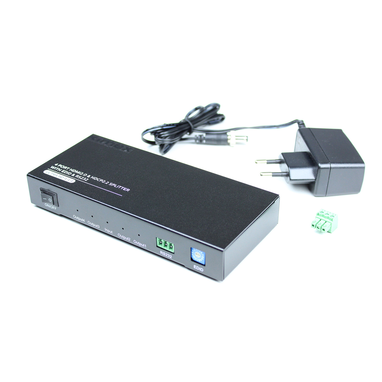Divisor HDMI negro de 4 puertos con fuente de alimentación y conector verde.