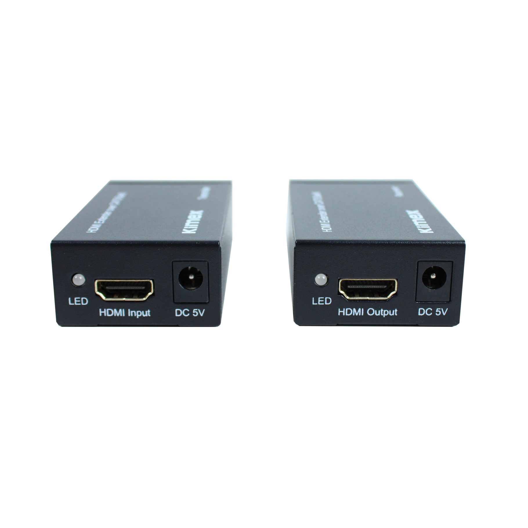 Due dispositivi extender HDMI neri con etichette e porte, su sfondo bianco.