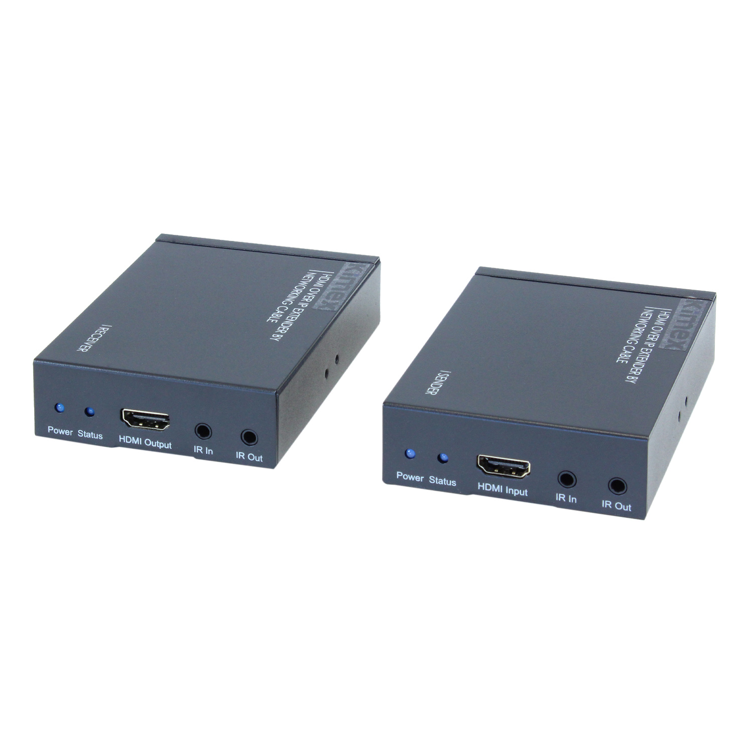 Due dispositivi extender HDMI neri con etichette e porte, su sfondo bianco.
