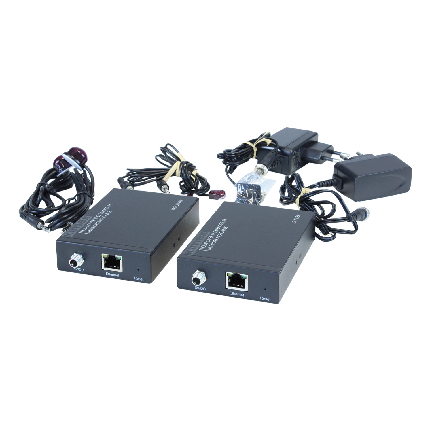Due kit extender HDMI neri, con connessioni Ethernet e alimentazione, su sfondo bianco.