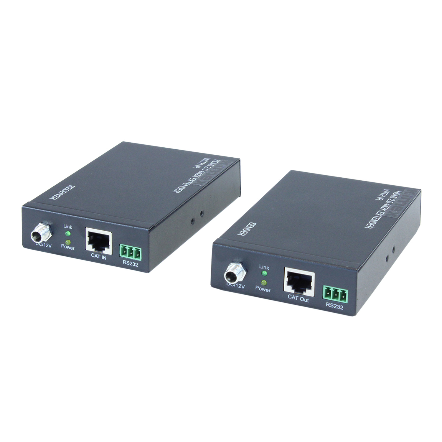 Dos dispositivos extensores HDMI 2.0 negros. Tienen puertos y 