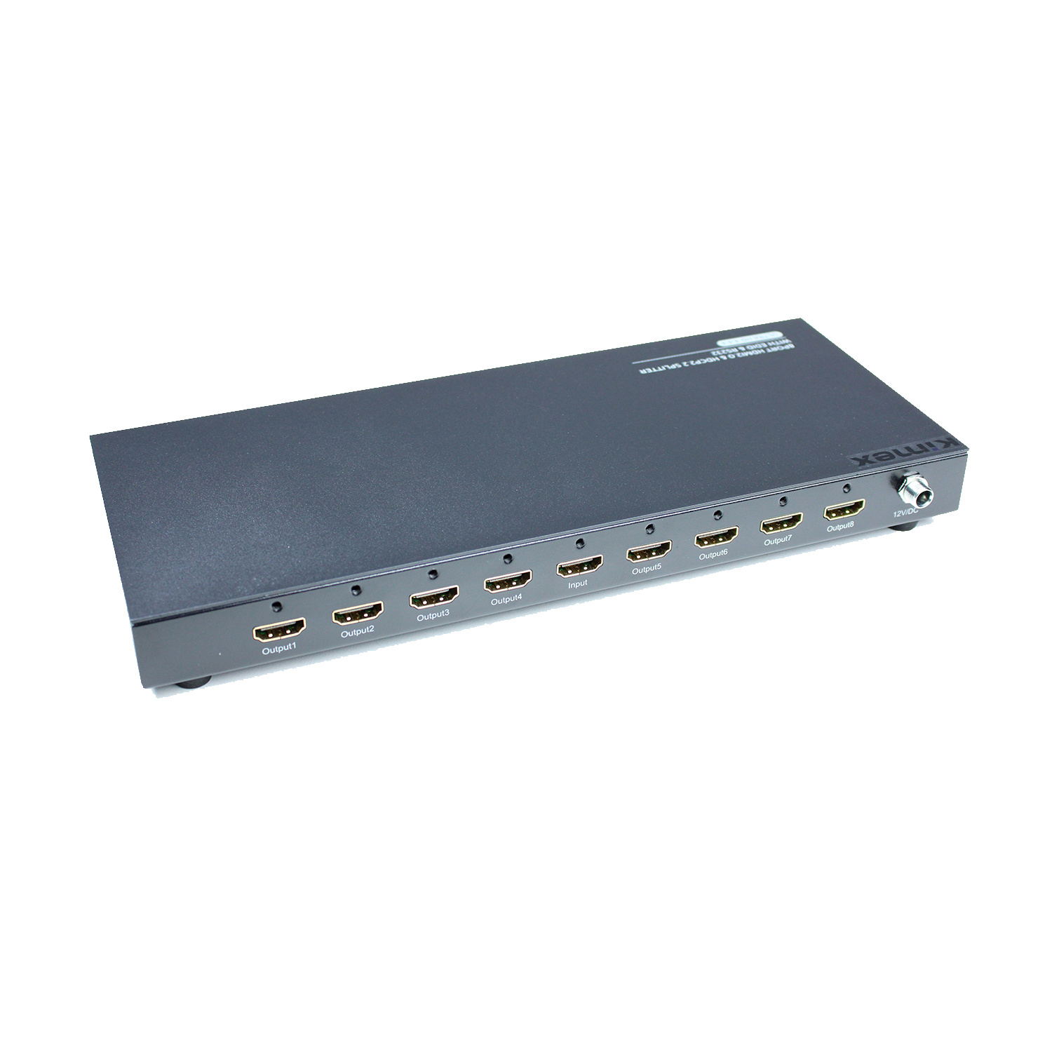 Divisor HDMI negro con múltiples puertos de entrada/salida, sobre fondo blanco.