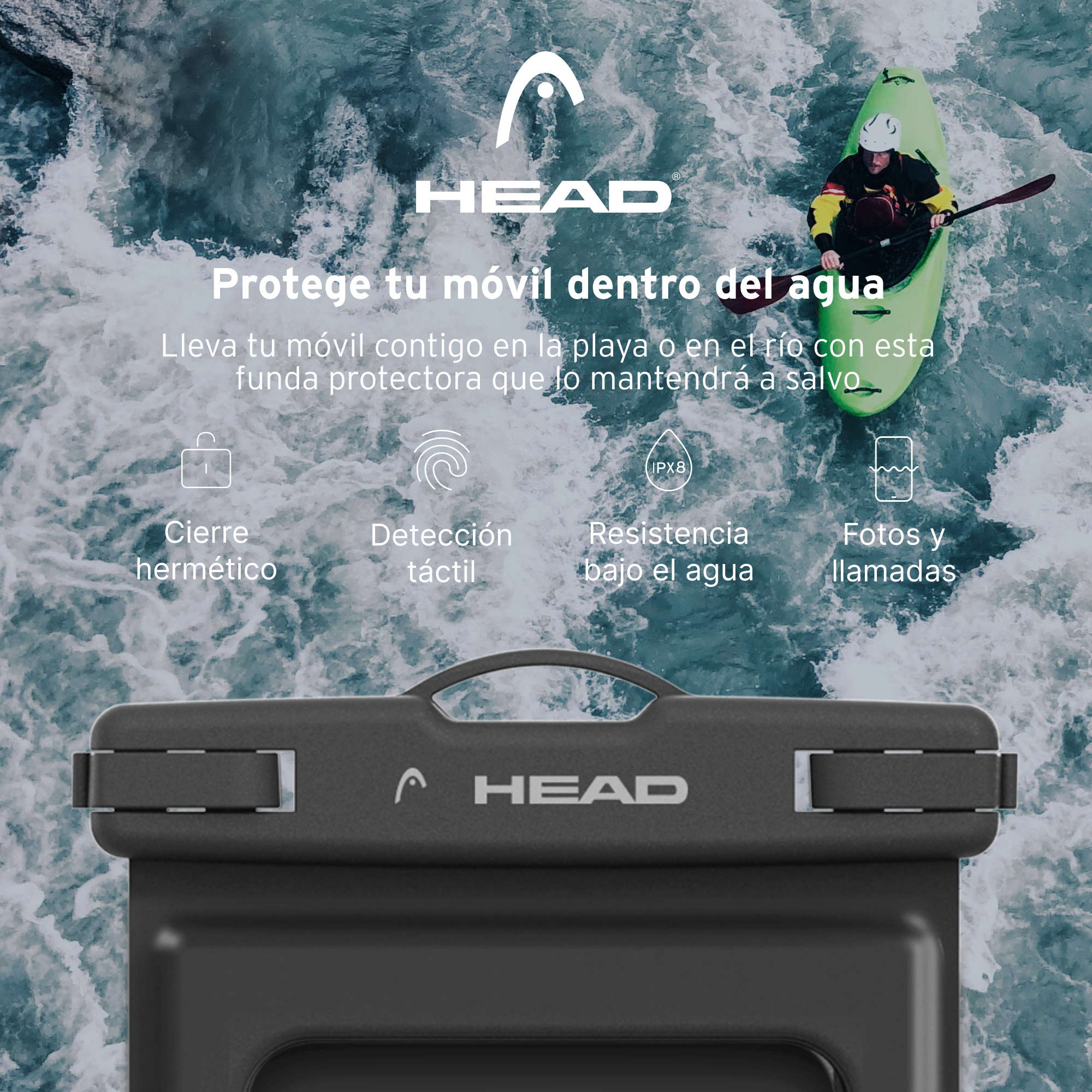 Una funda de teléfono impermeable con una escena de kayak en el fondo.