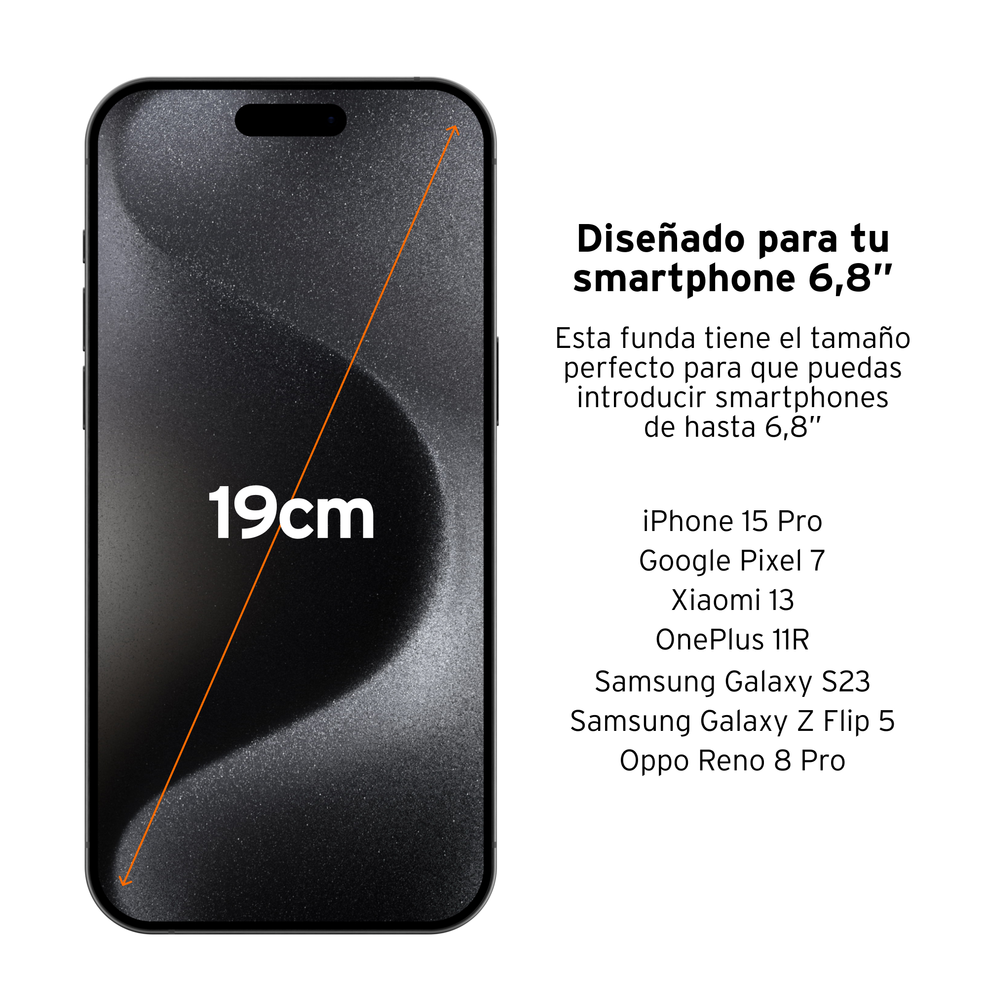 Un teléfono negro con pantalla oscura, mostrando dimensiones y una lista de teléfonos compatibles.