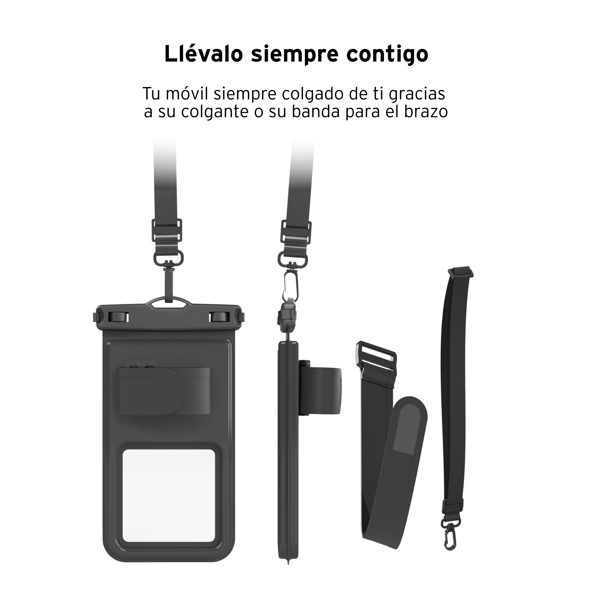 Funda de teléfono negra impermeable con correa y brazalete, piezas separadas.