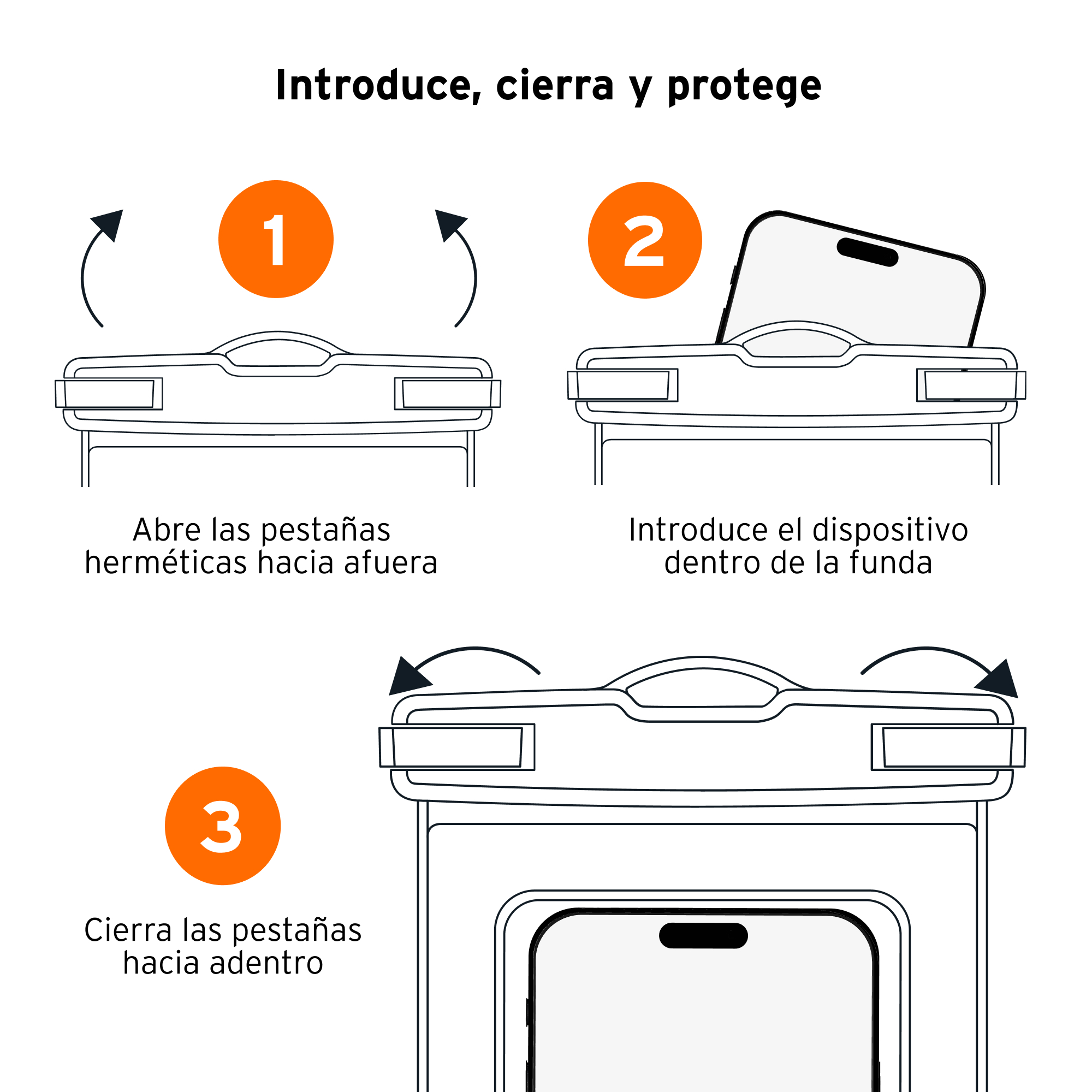 Instrucciones para una funda de teléfono: Abrir, insertar teléfono, cerrar. Se muestran flechas e ilustraciones.