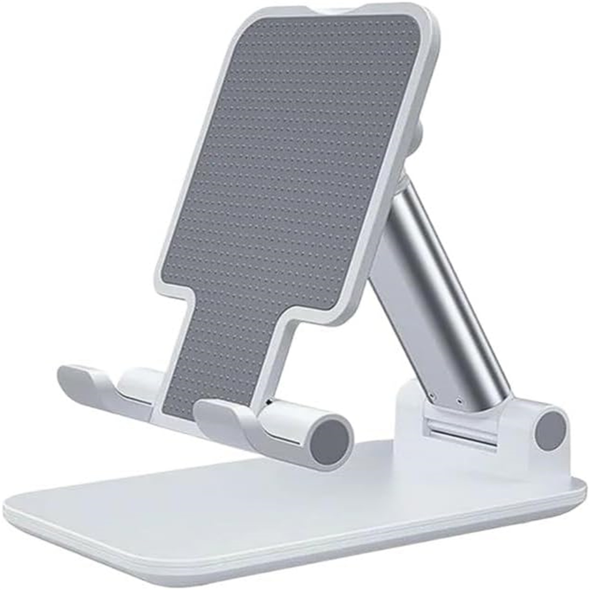 Weißer Telefonständer. Er hat ein graues Pad und ist mit einem silbernen Arm verstellbar.