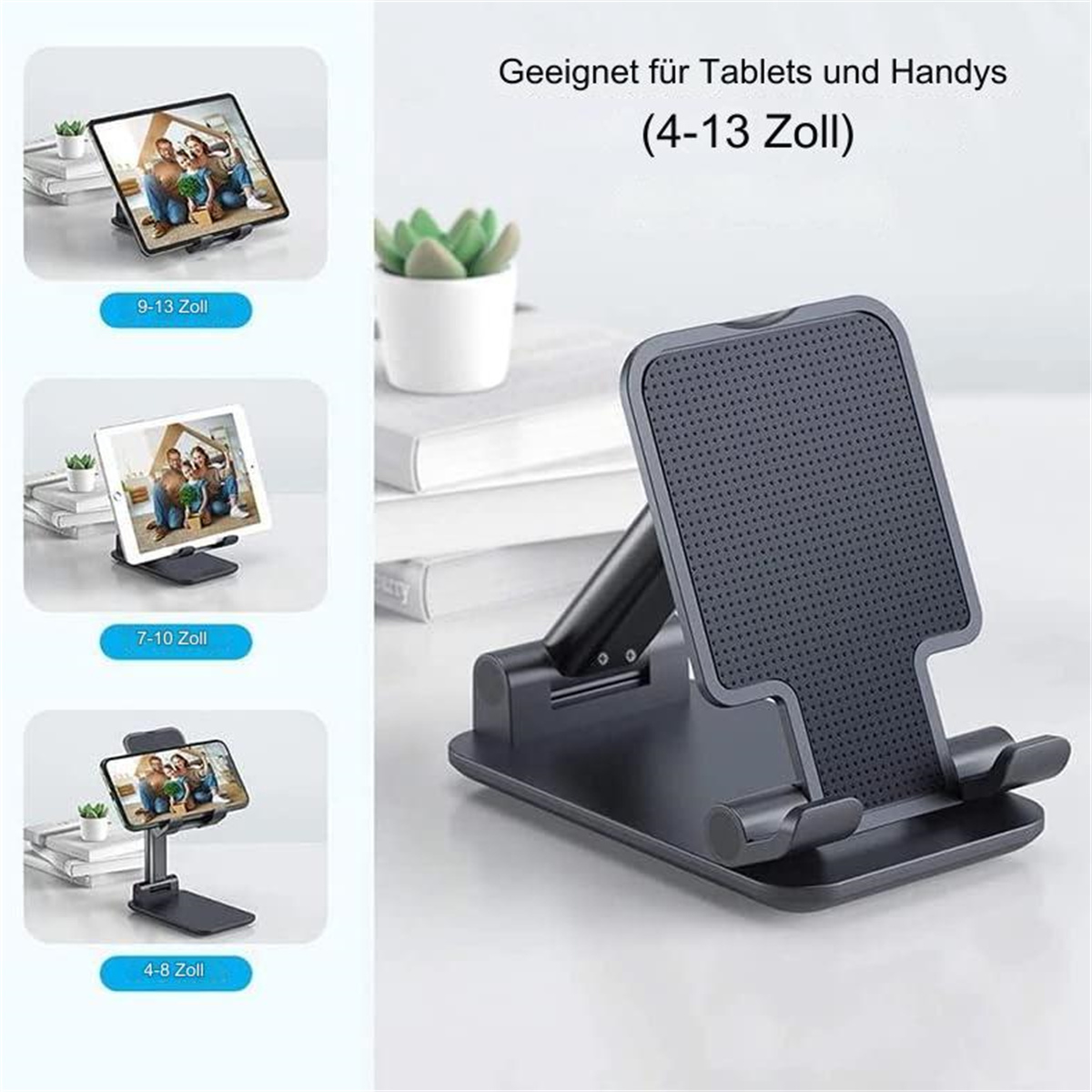 Ein schwarzer Tablet-Ständer mit drei Tablets und einem Telefon.