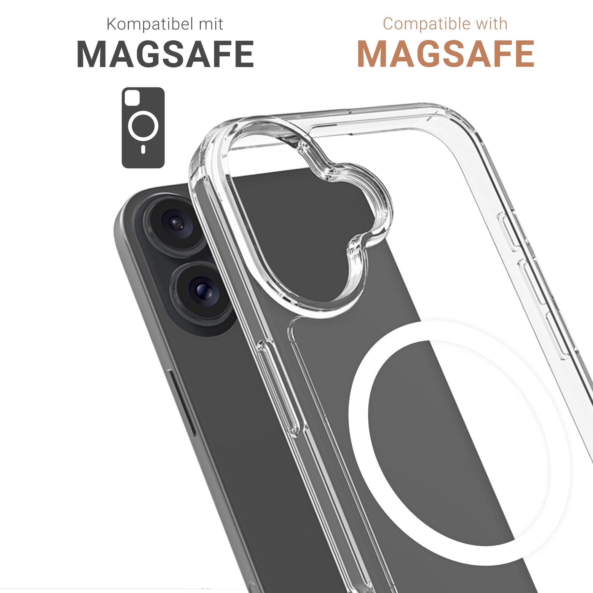 Un téléphone avec une coque transparente. L'étui a un cercle blanc. Le fond est blanc.