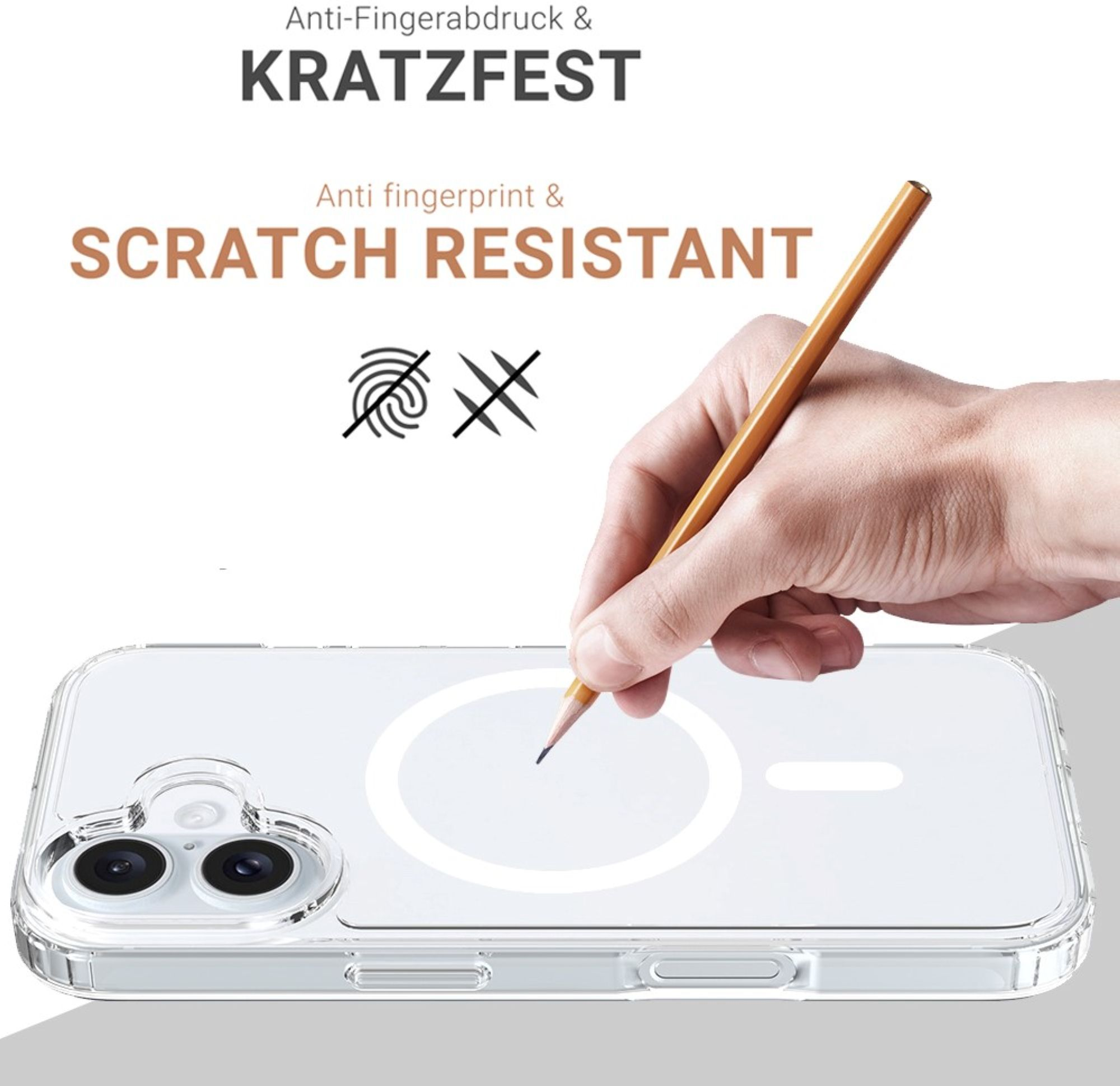 Un étui de téléphone avec un crayon montrant la résistance aux rayures sur fond blanc.