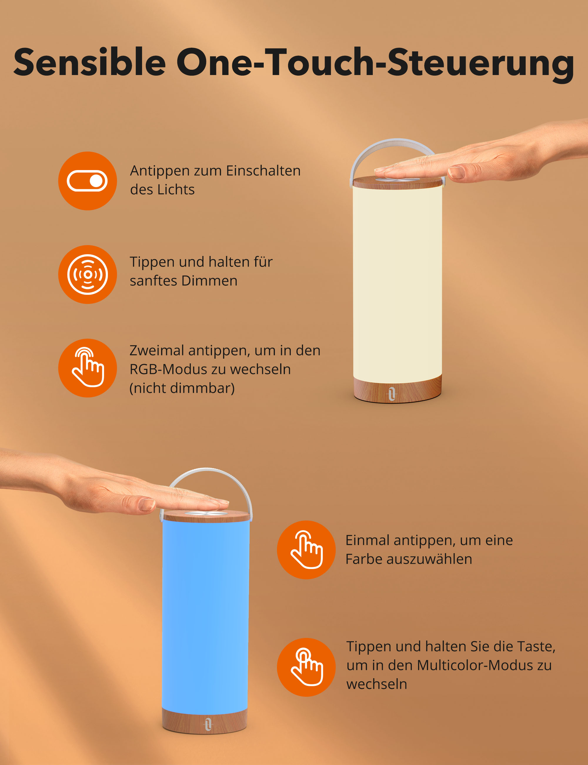 Das Bild zeigt eine Lampe mit Touch-Steuerungsfunktionen, mit einer Hand, die mit ihr interagiert. Anweisungen werden ebenfalls angezeigt.