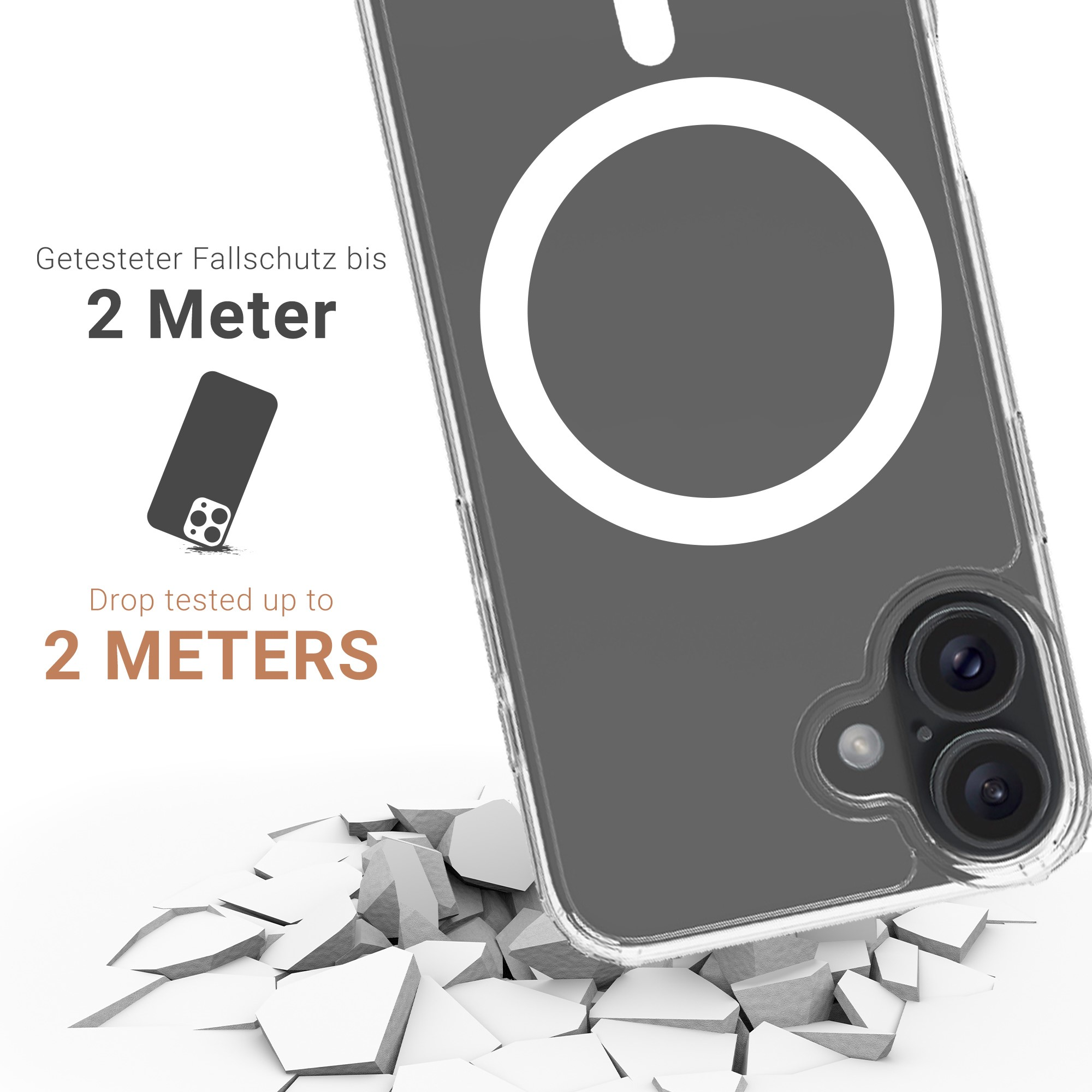 Coque de téléphone transparente avec un cercle blanc et un graphique de téléphone. Texte sur la protection contre les chutes.