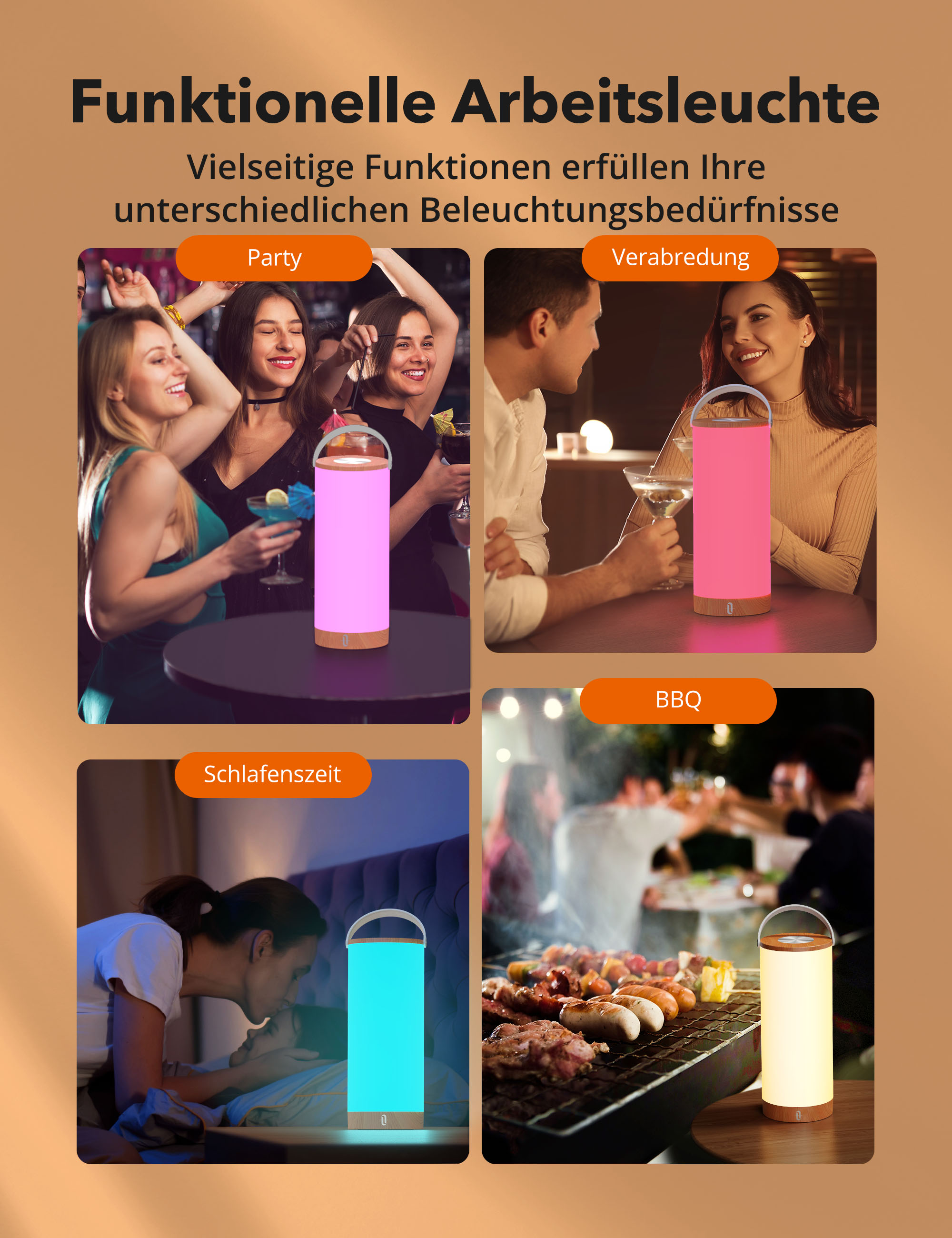 Das Bild zeigt eine Lampe mit verschiedenen Lichteinstellungen. Szenen: Party, Date, Schlafenszeit, BBQ. In jeder Szene sind Personen anwesend.