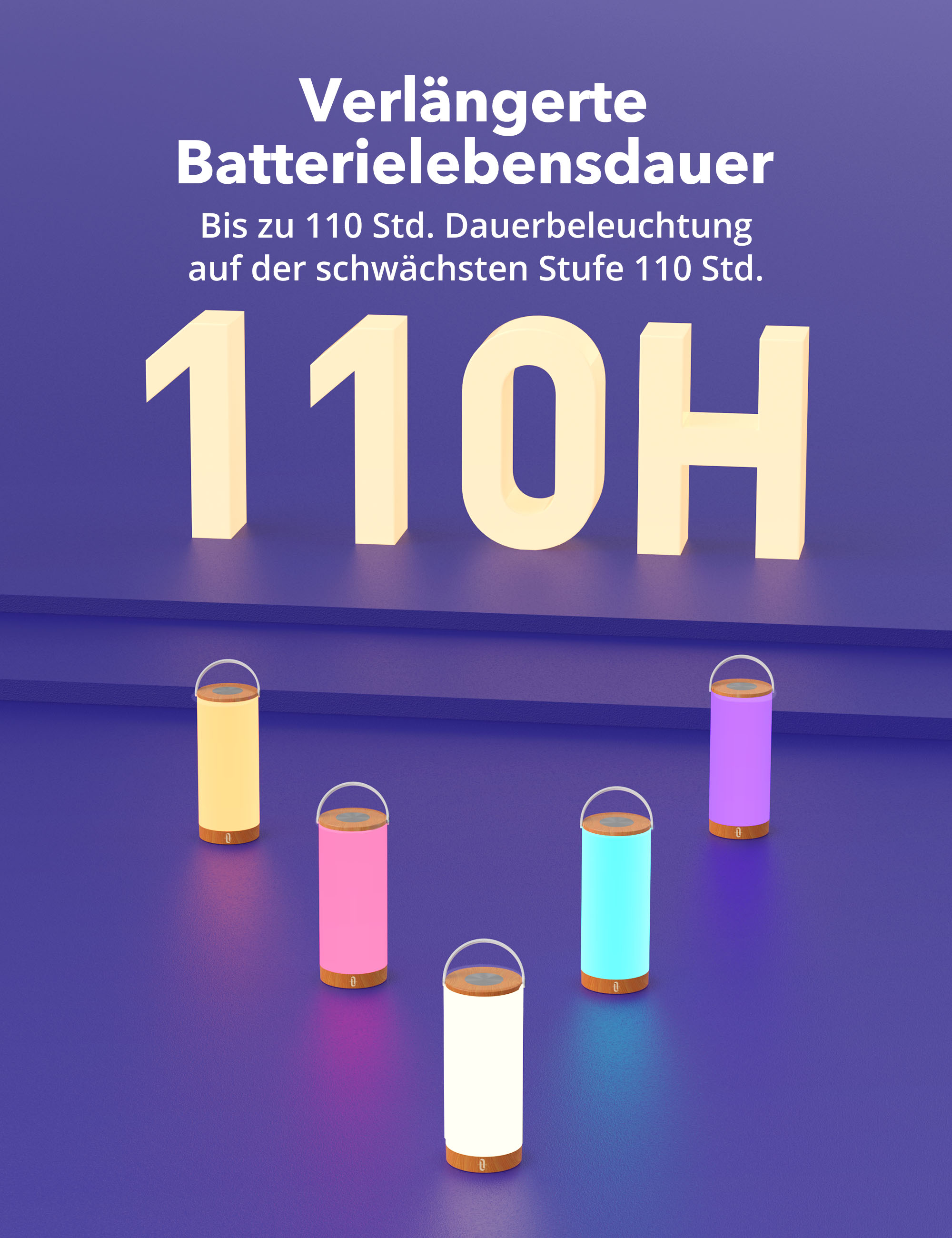 Bild mit Text und Lampen. Text gibt die Akkulaufzeit an. Lampen sind verschiedenfarbig und haben Griffe.