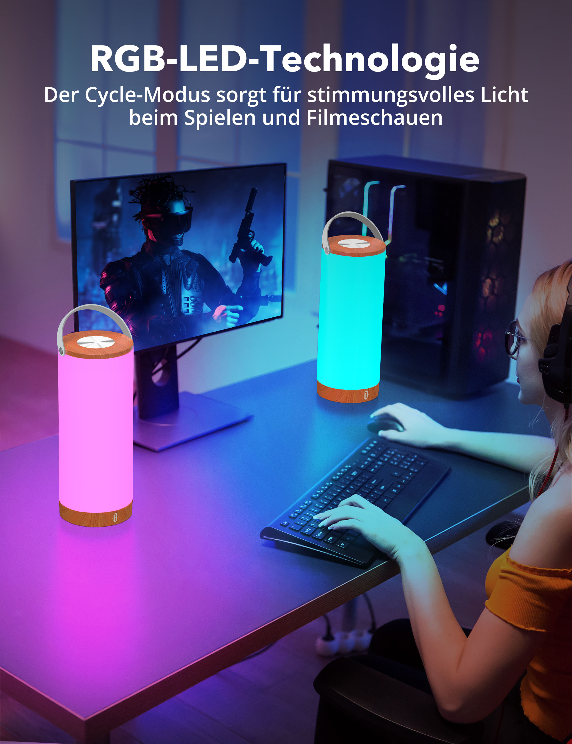 Gaming-Setup mit RGB-Beleuchtung, Monitor mit Spielszene und Person, die eine Tastatur benutzt.