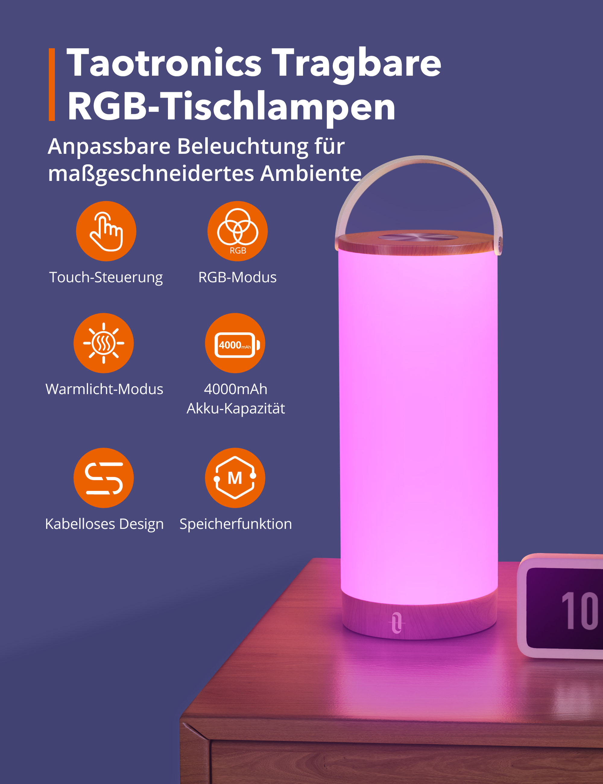 Eine rosa Lampe auf einem Holztisch, neben einer Uhr, mit Text und Symbolen über die Lampe.