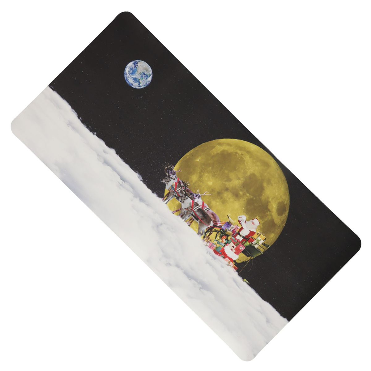 Eine weihnachtliche Mousepad mit dem Schlitten und Rentieren des Weihnachtsmanns, dem Mond und der Erde.