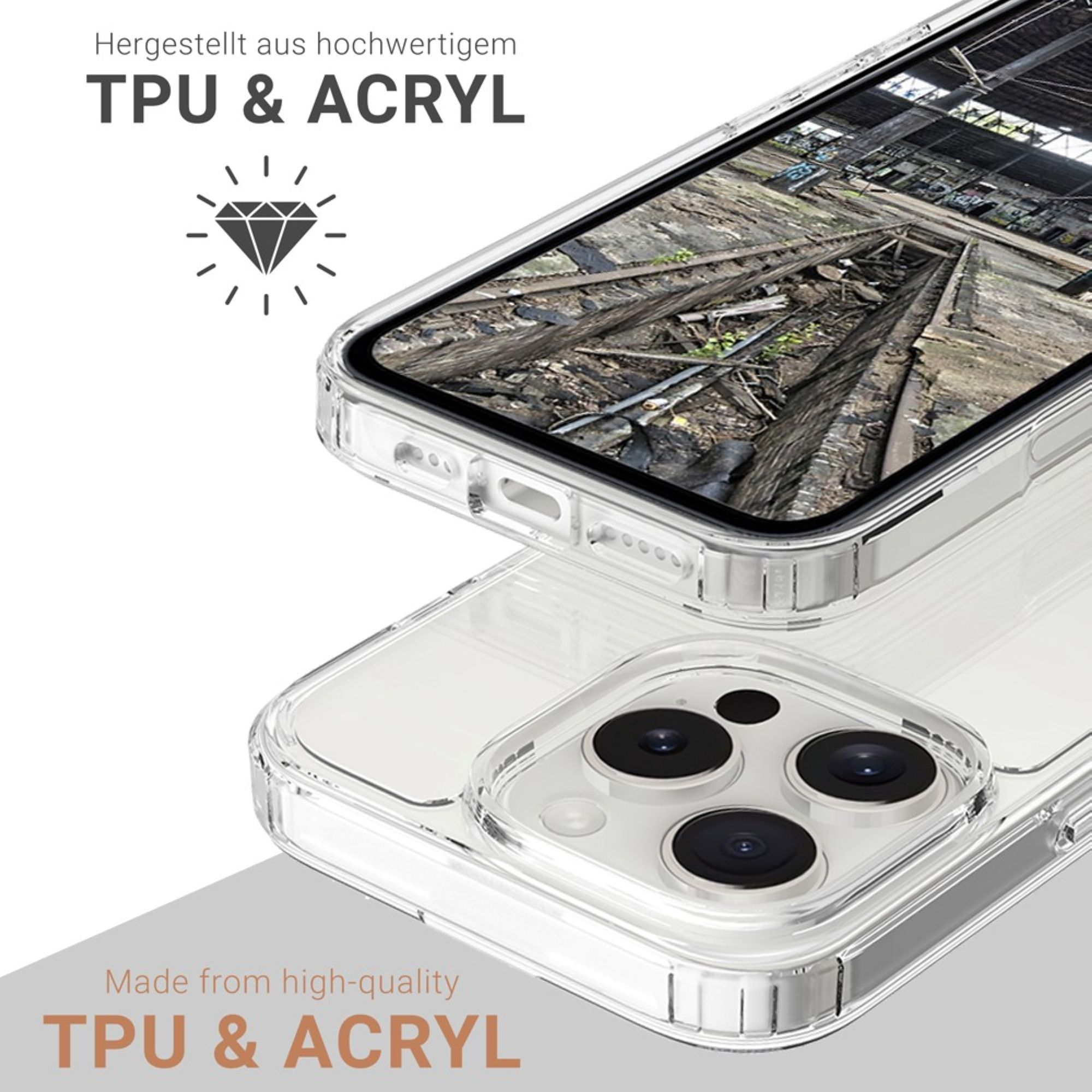 Coque de téléphone transparente avec un téléphone à l'intérieur. Vue rapprochée de la coque.
