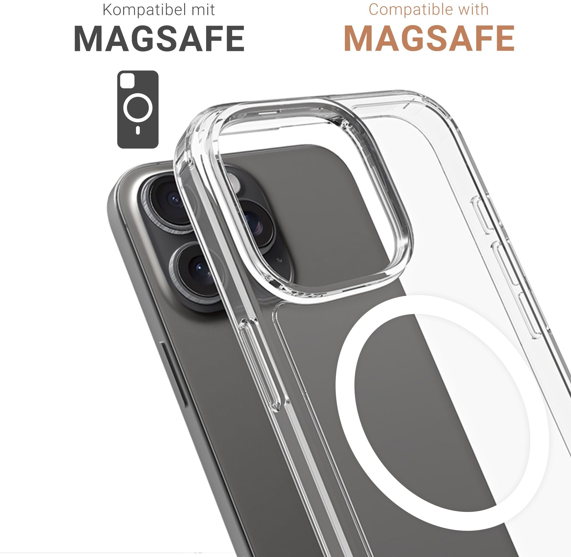 Coque de téléphone transparente avec un téléphone à l'intérieur. Fond blanc.