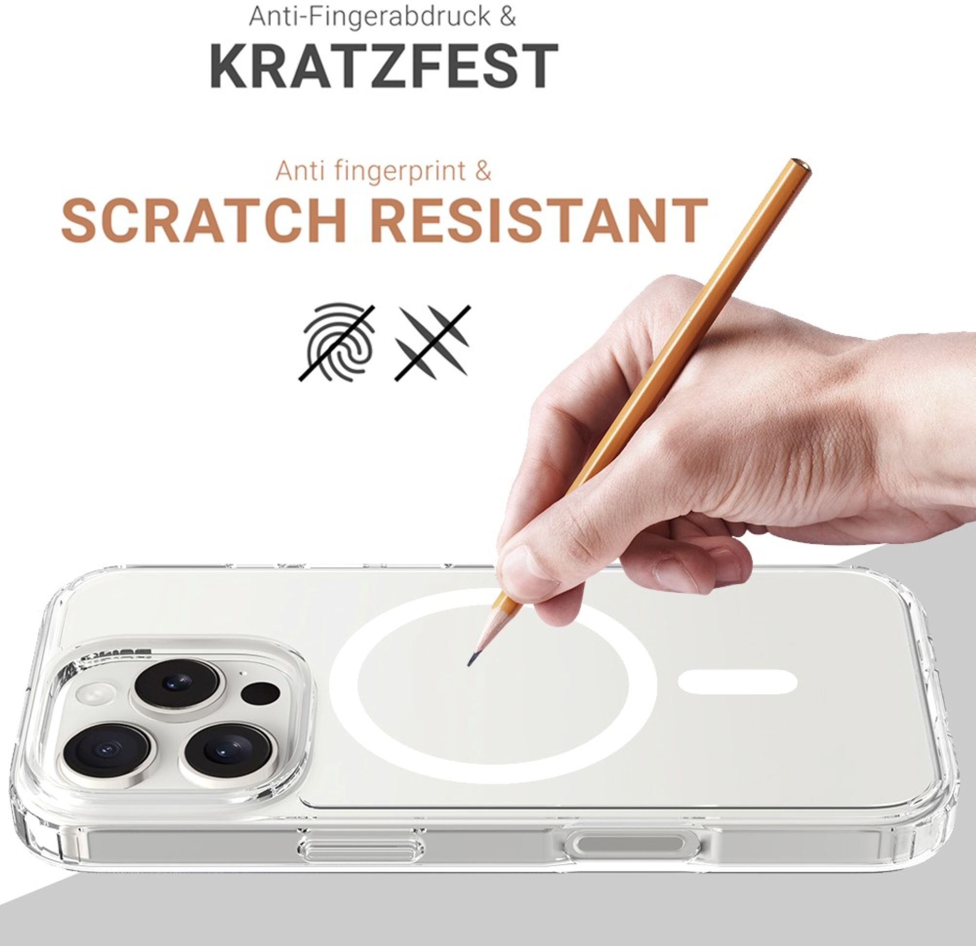 Une main tenant un crayon au-dessus d'une coque de téléphone. Le texte indique 'Anti-traces de doigts et résistant aux rayures'.