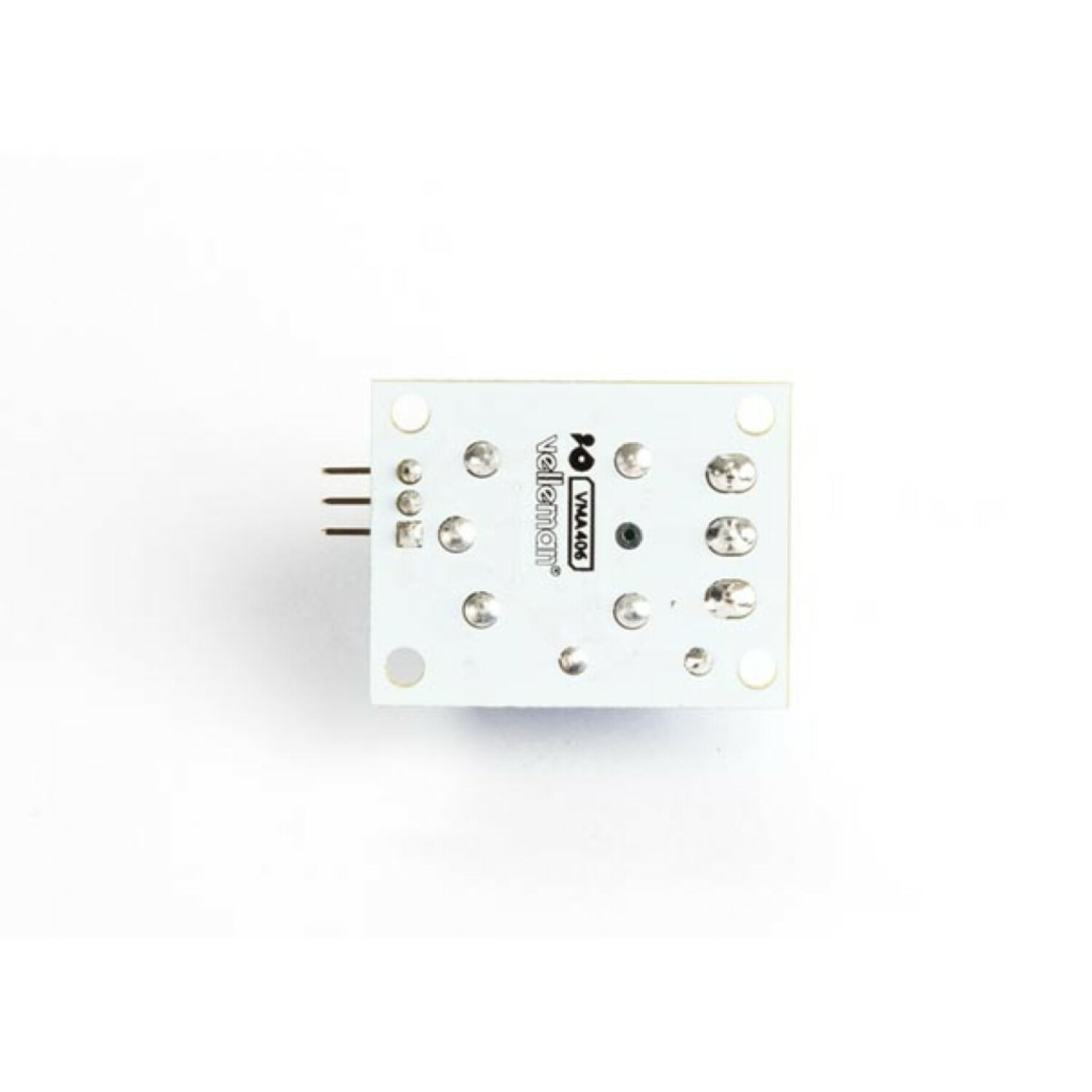 Componente elettronico bianco con pin, etichettato Velleman, su sfondo bianco.