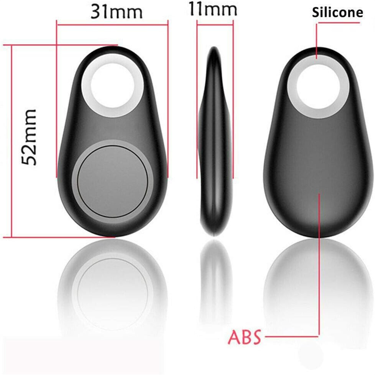 Diagramm mit Abmessungen eines schwarzen Trackers: 52mm, 31mm, 11mm, Materialangaben.