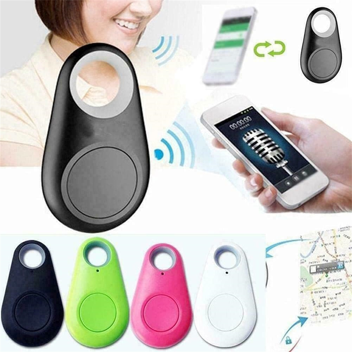 Verschiedene farbige GPS-Tracker. Enthält eine Frau, die ein Telefon mit Tracker-Daten hält.