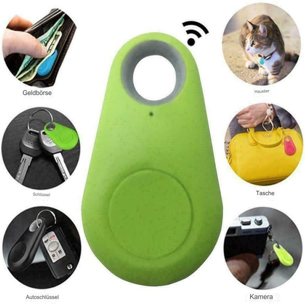 Grünes Smart-Tag mit verschiedenen Anwendungen: Geldbörse, Schlüssel, Katze und Kamera.