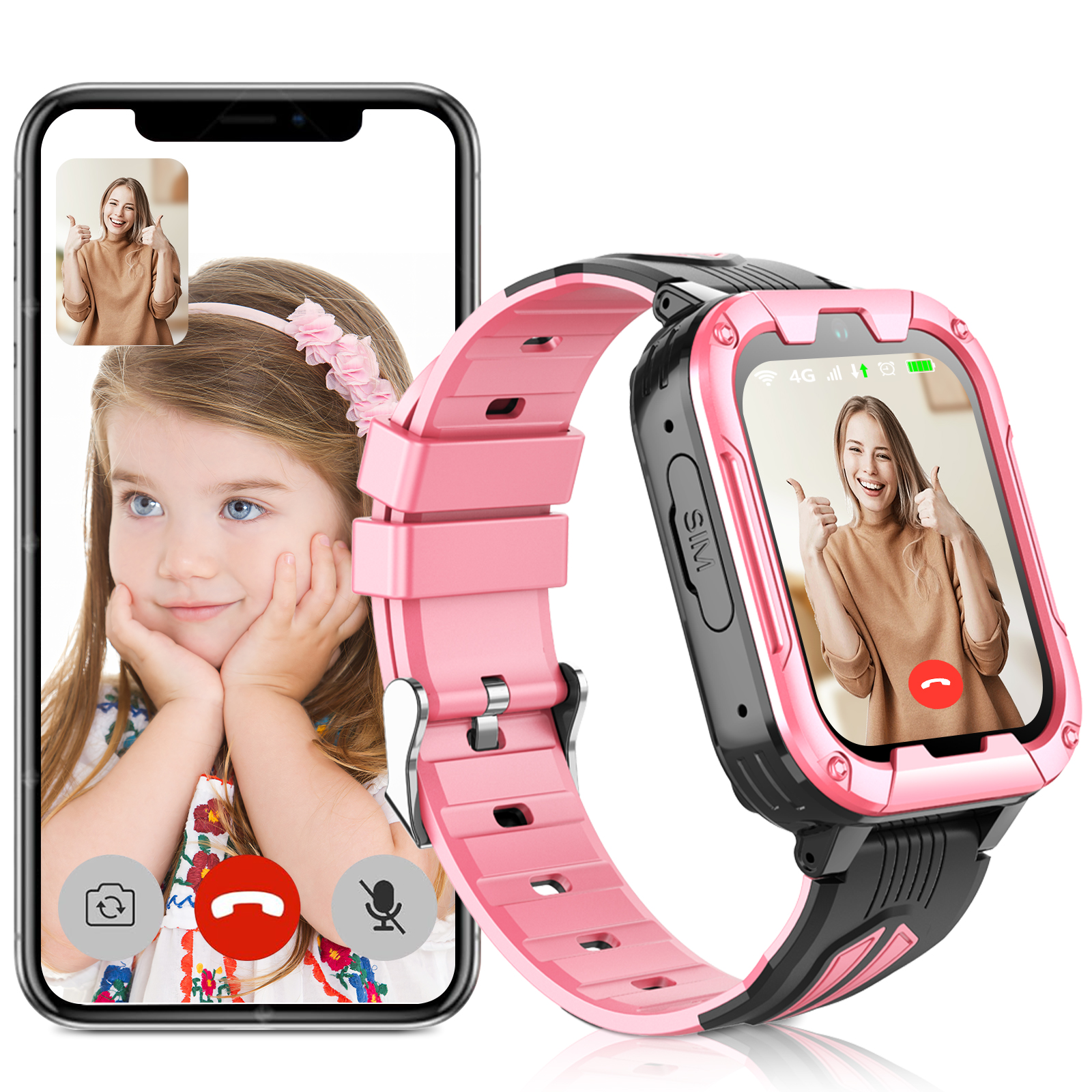 Smartwatch zeigt Videoanruf mit Kind und Frau.