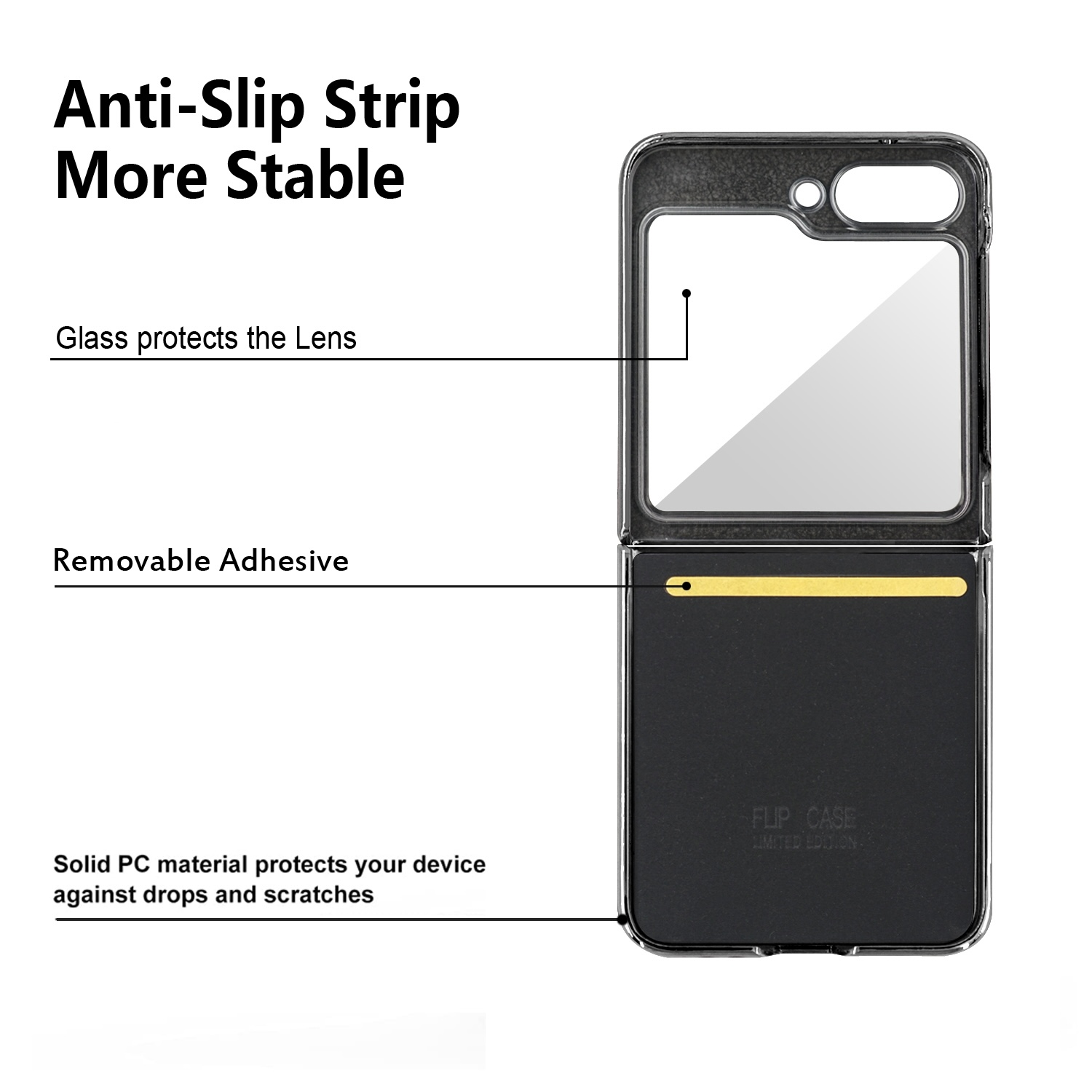 Funda transparente para teléfono. Se muestra texto y diagramas en la funda.