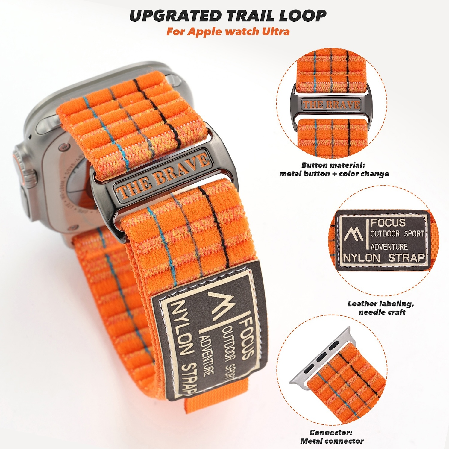 Orangenes Uhrenarmband mit schwarzen Akzenten. Das Armband hat eine Schnalle mit dem Schriftzug "THE BRAVE".