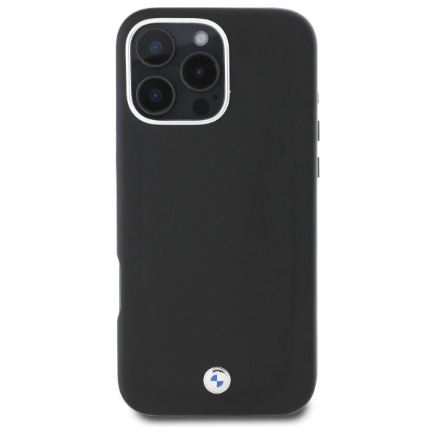 Custodia nera per telefono con logo BMW sul retro. La fotocamera del telefono è visibile.