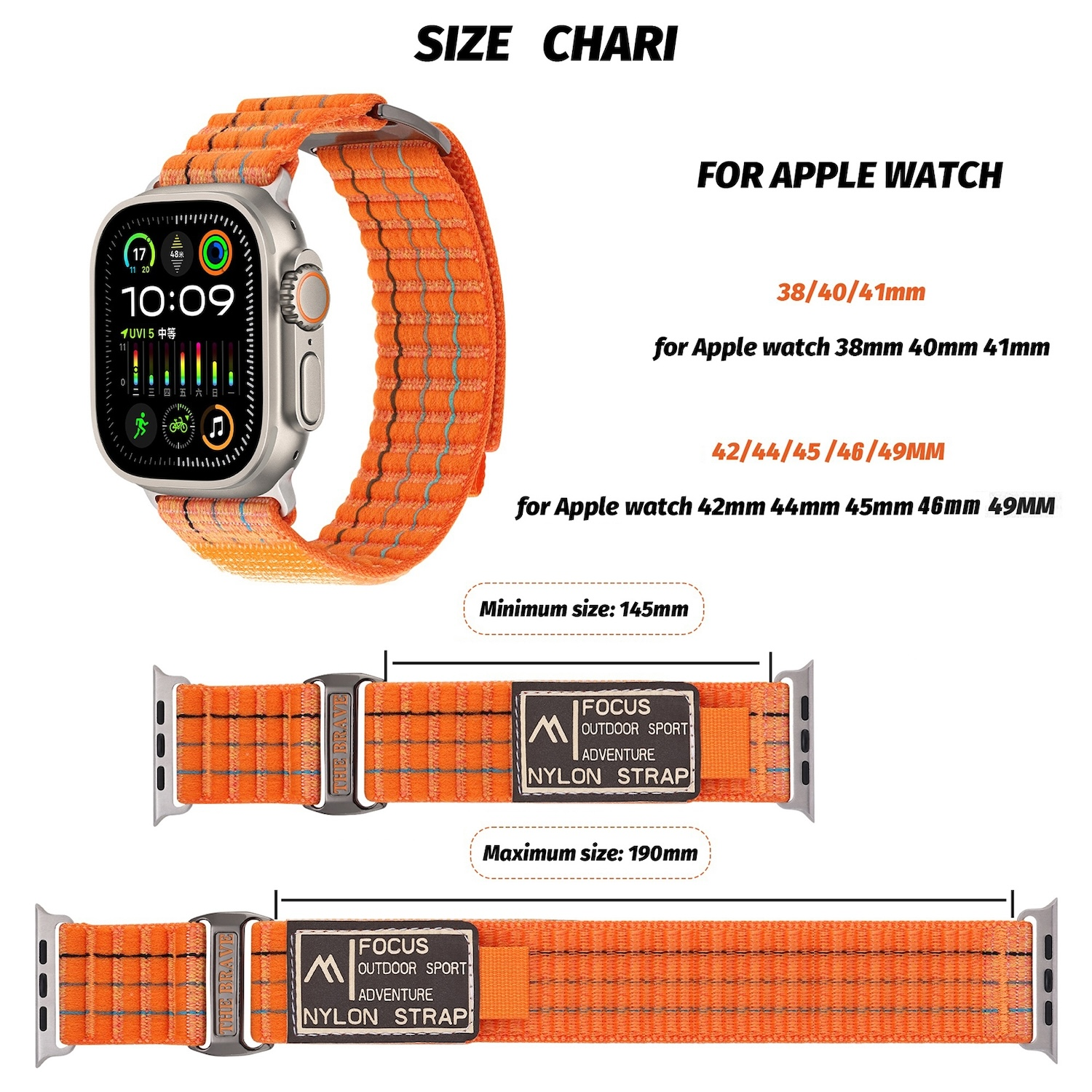 Orangefarbenes und graues Apple Watch Armband mit Text zu Größe und Abmessungen.