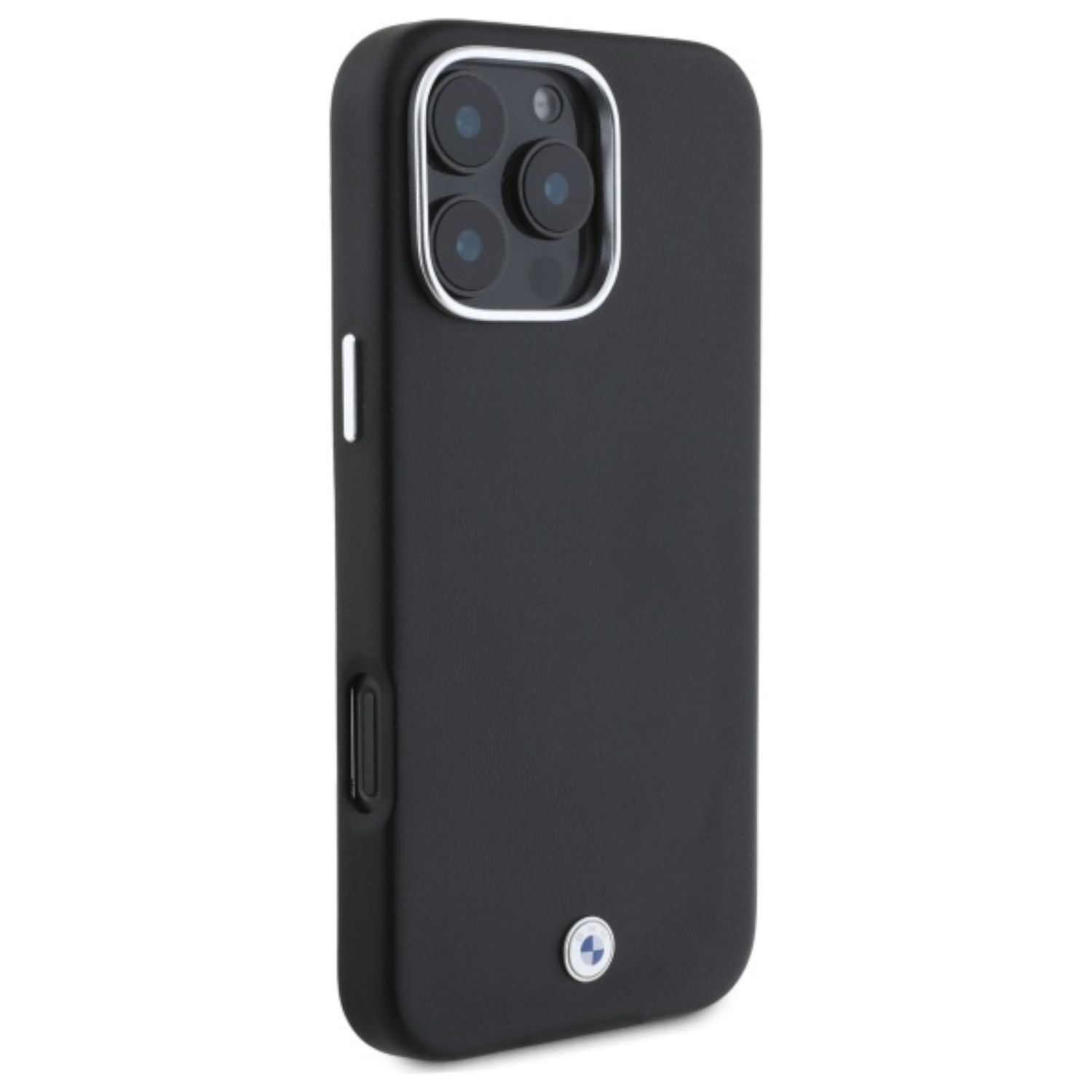 Una custodia nera per telefono con un anello argentato per la fotocamera. La custodia ha un logo in basso. Il telefono è verticale.