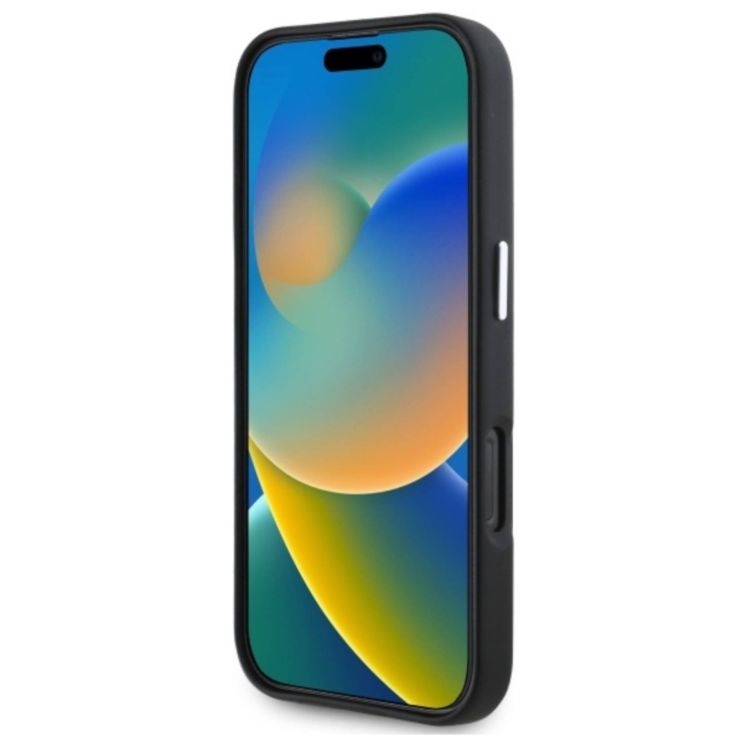 Telefono nero con schermo con sfondo colorato, in una custodia nera. Il telefono è angolato.