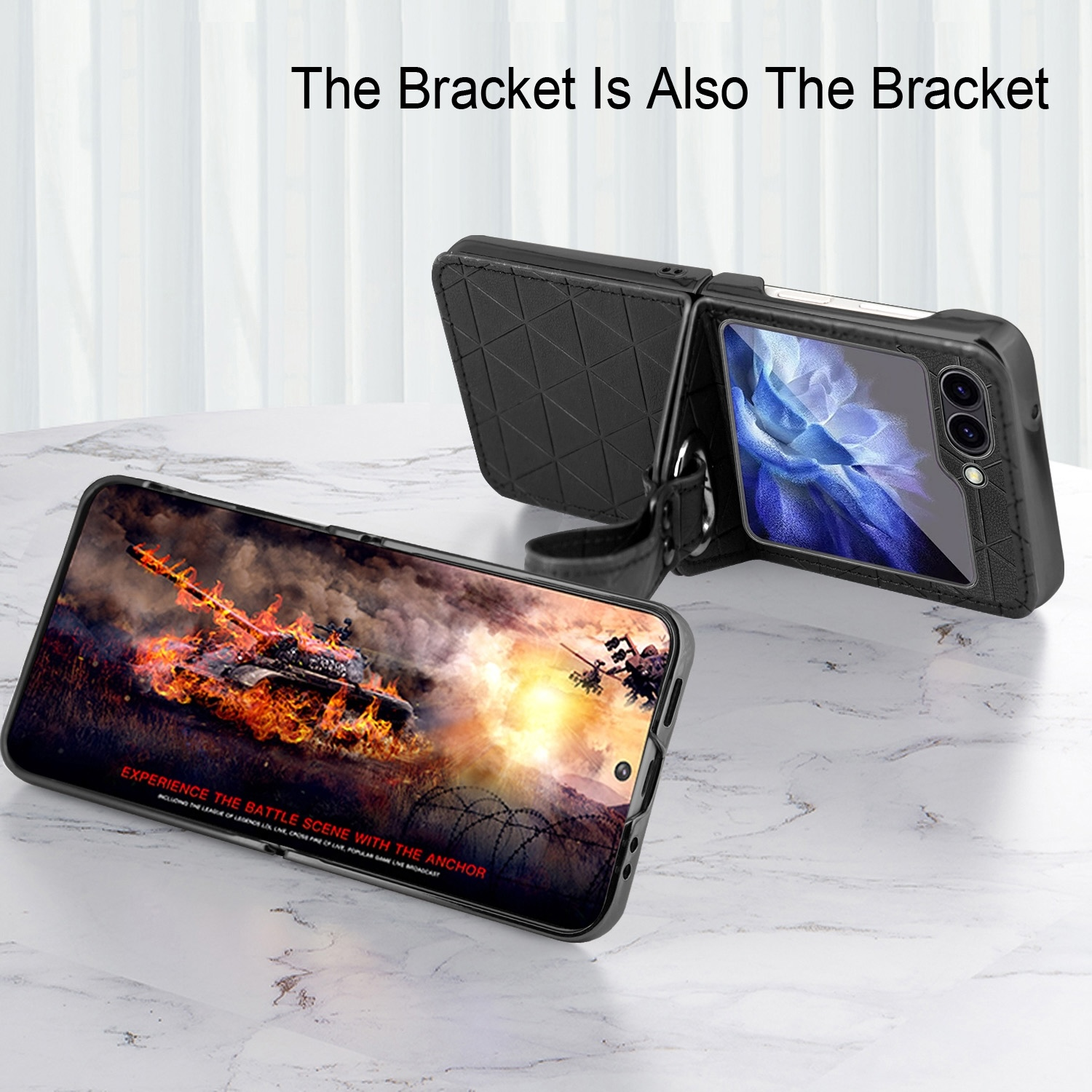Funda de teléfono con función de soporte. Teléfono en ángulo, mostrando escena del juego.