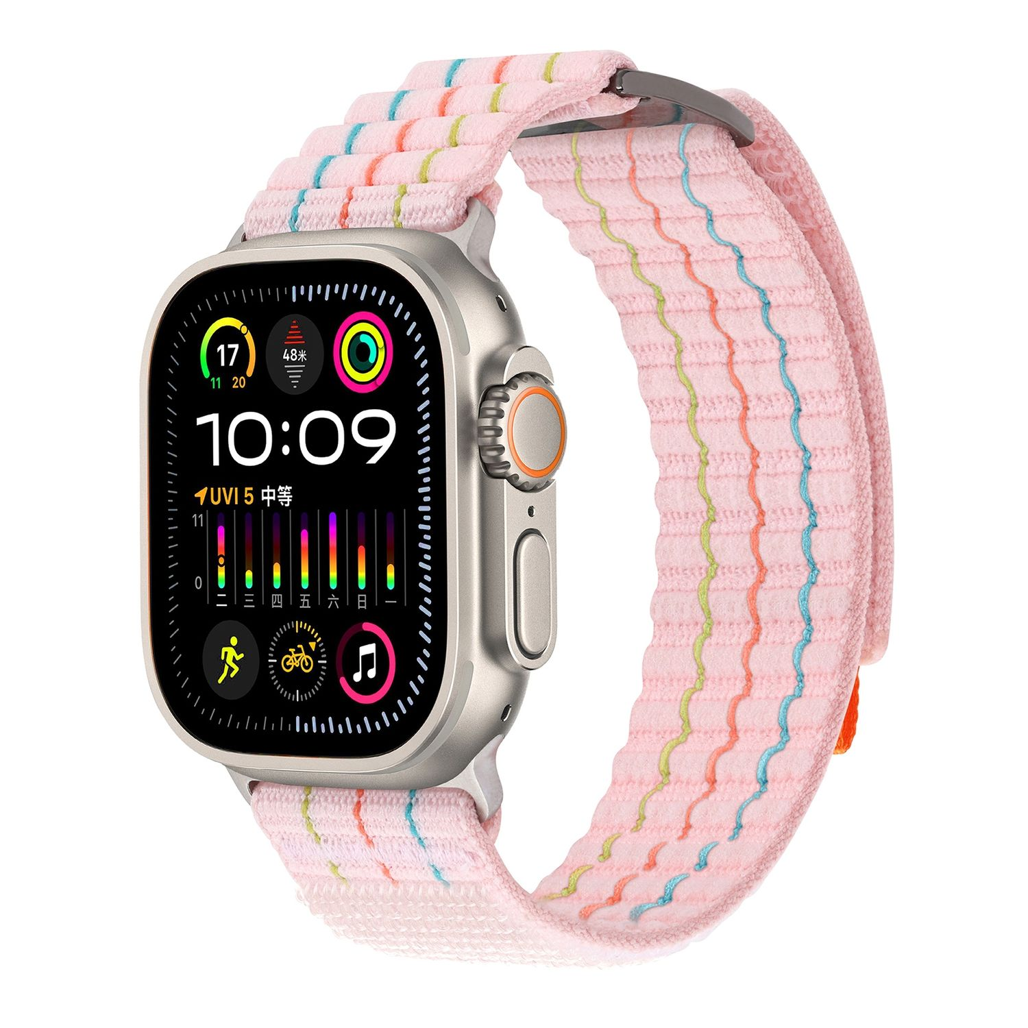 Silberne Smartwatch mit einem rosa, mehrfarbigen Armband. Das Zifferblatt zeigt Zeit und Metriken an.