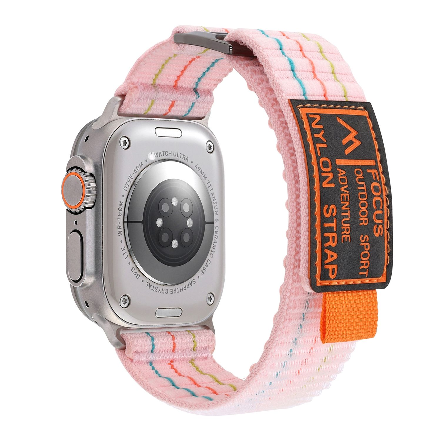 Silberne Smartwatch mit rosa-orange gestreiftem Armband. Nahaufnahme, weißer Hintergrund.