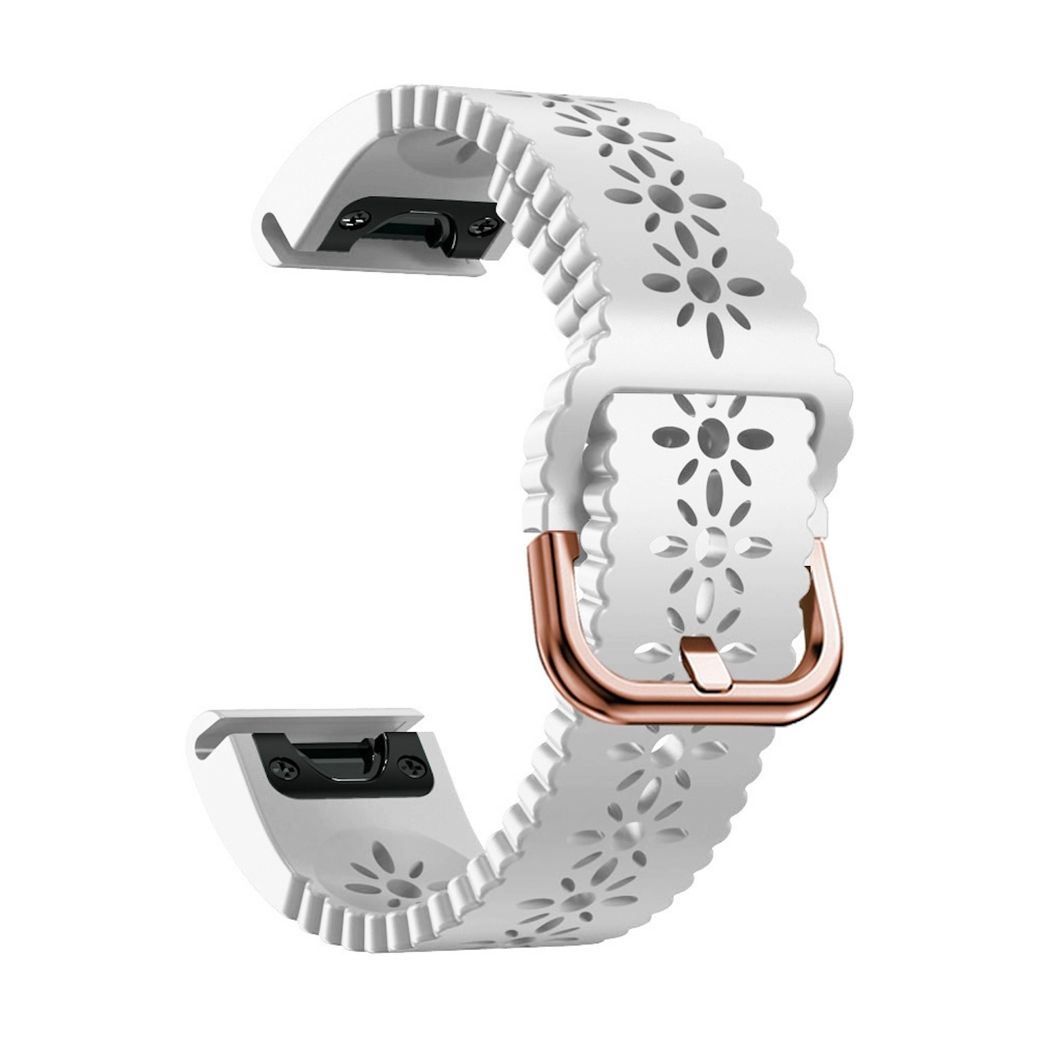 Weißes Uhrenarmband mit floralen Aussparungen und einer Kupferschnalle.