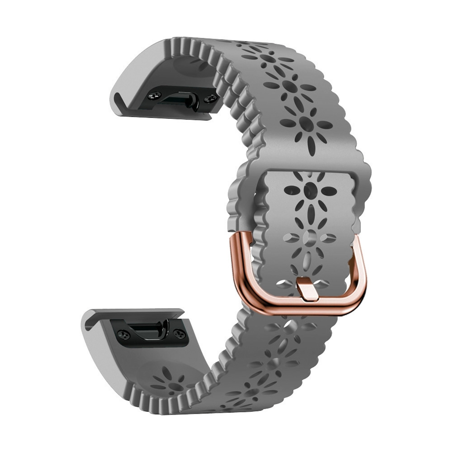 Graues Smartwatch-Armband mit roségoldener Schnalle. Weißer Hintergrund.