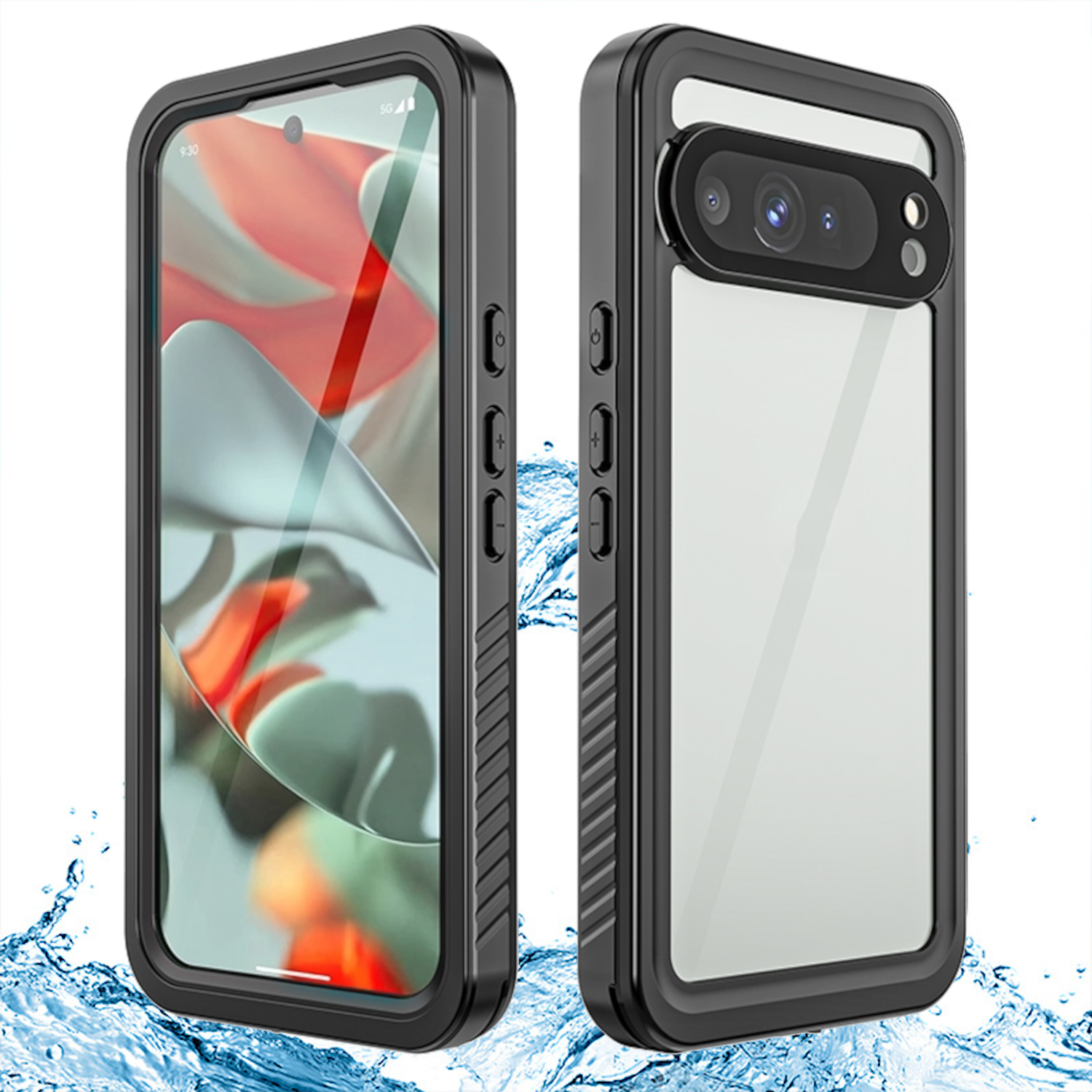 Schwarze Handyhülle mit transparentem Rücken. Das Telefon befindet sich im Wasser, Wassertropfen drumherum.