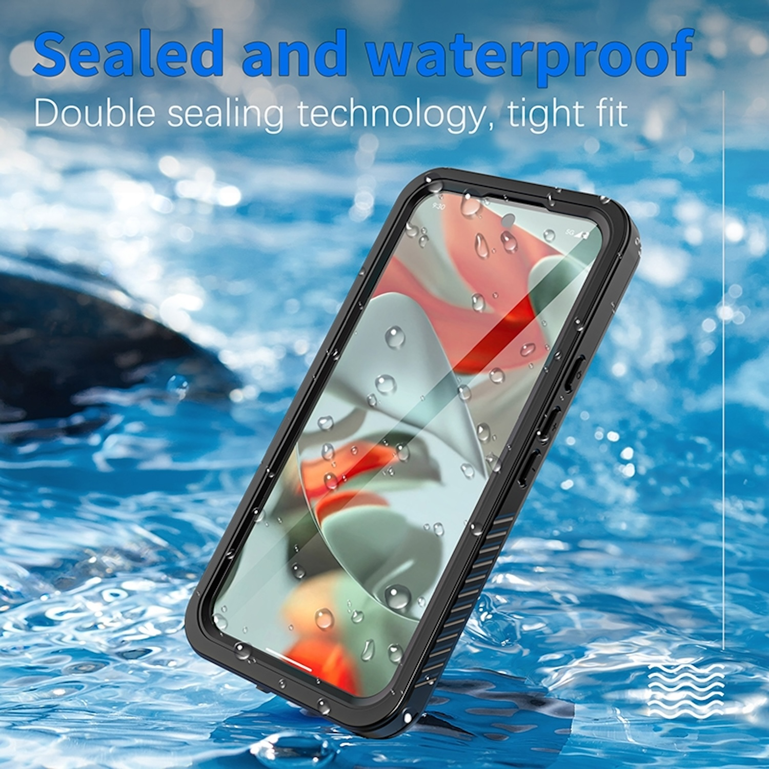 Schwarzes Telefon in wasserdichter Hülle, schwimmt im Wasser. Text: Versiegelt und wasserdicht.