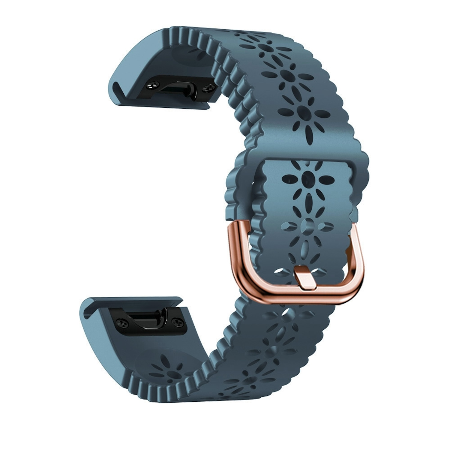 Blaues Uhrenarmband mit Blumenmuster und einer roségoldenen Schnalle.