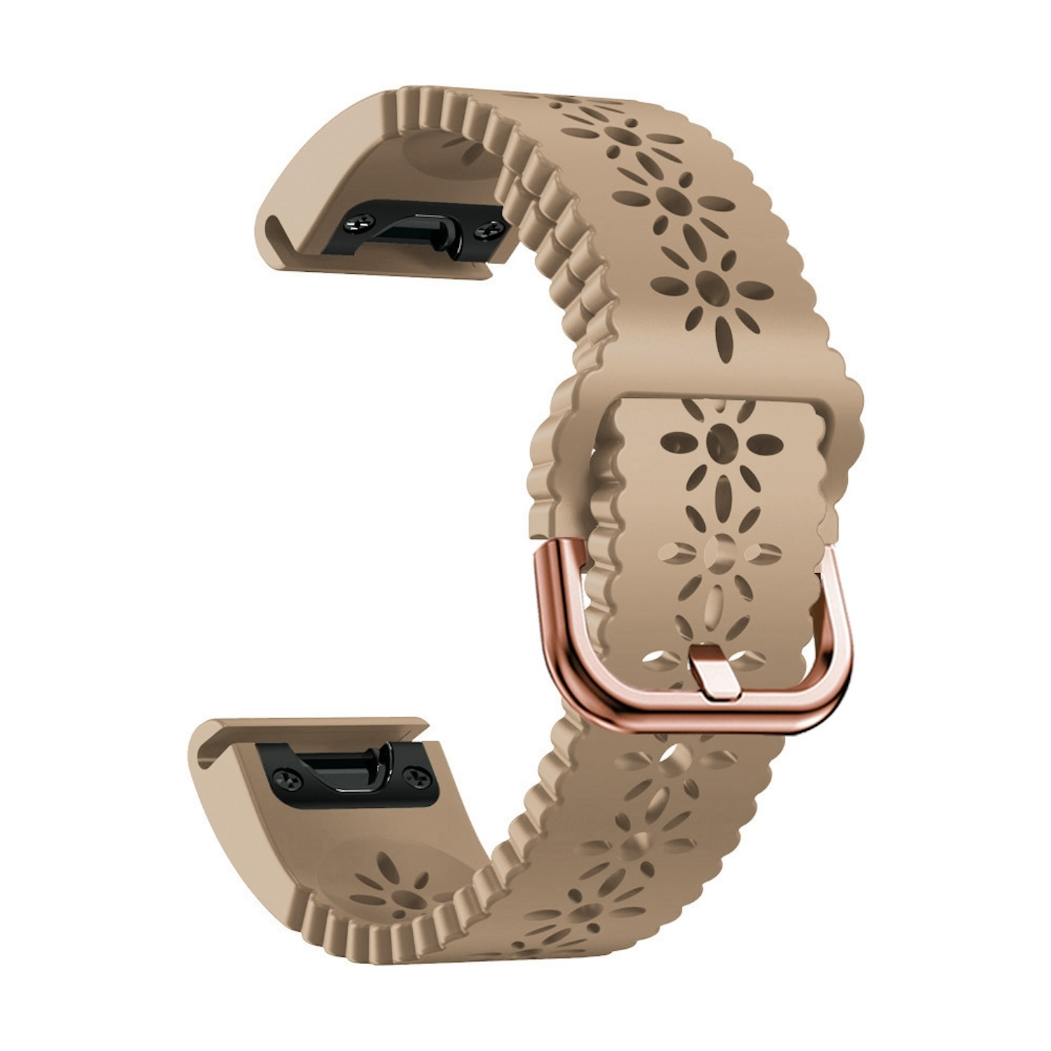 Beiges Uhrenarmband mit floralen Ausschnitten und einer roségoldenen Schnalle.