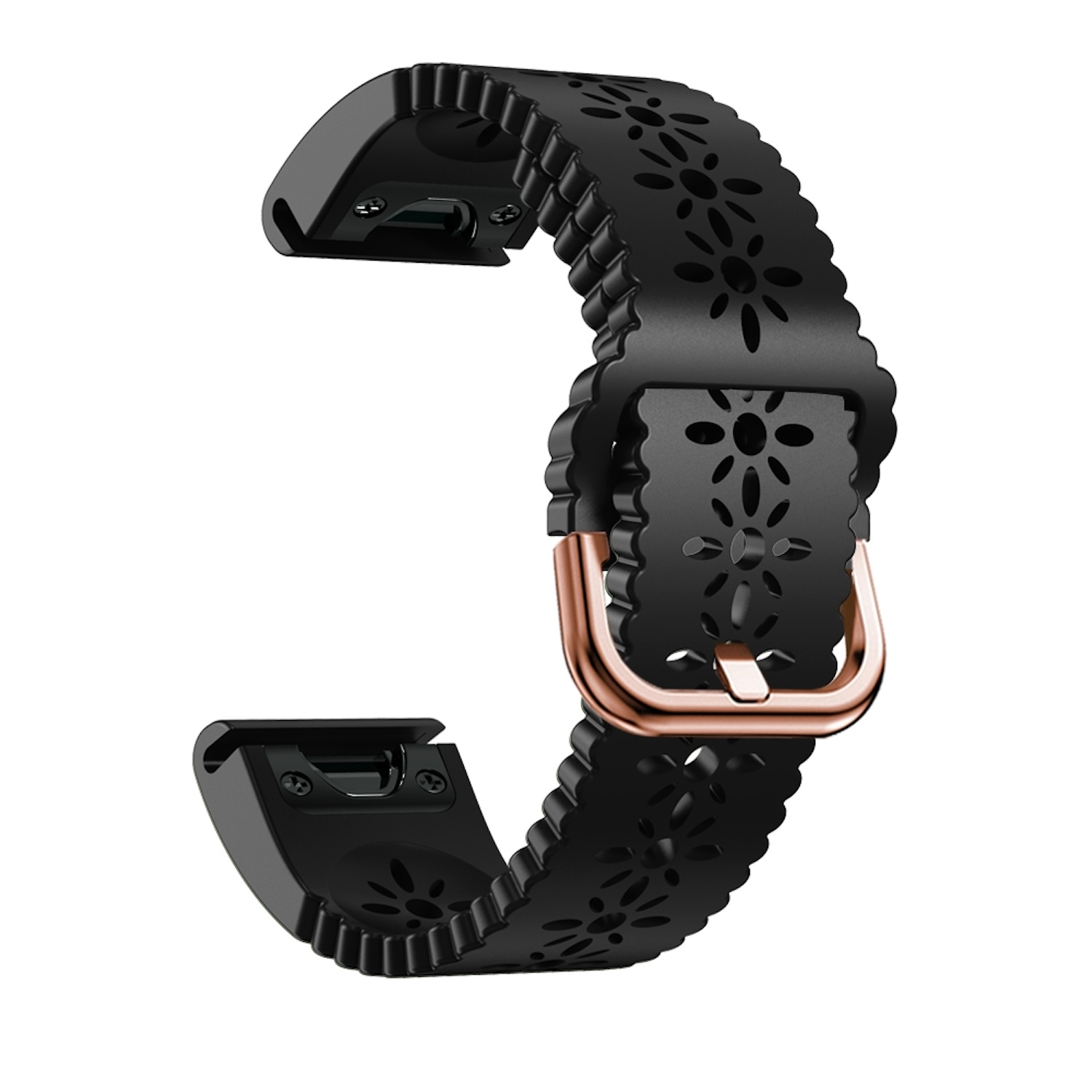 Schwarzes Armband mit floralen Ausschnitten und roségoldener Schnalle.