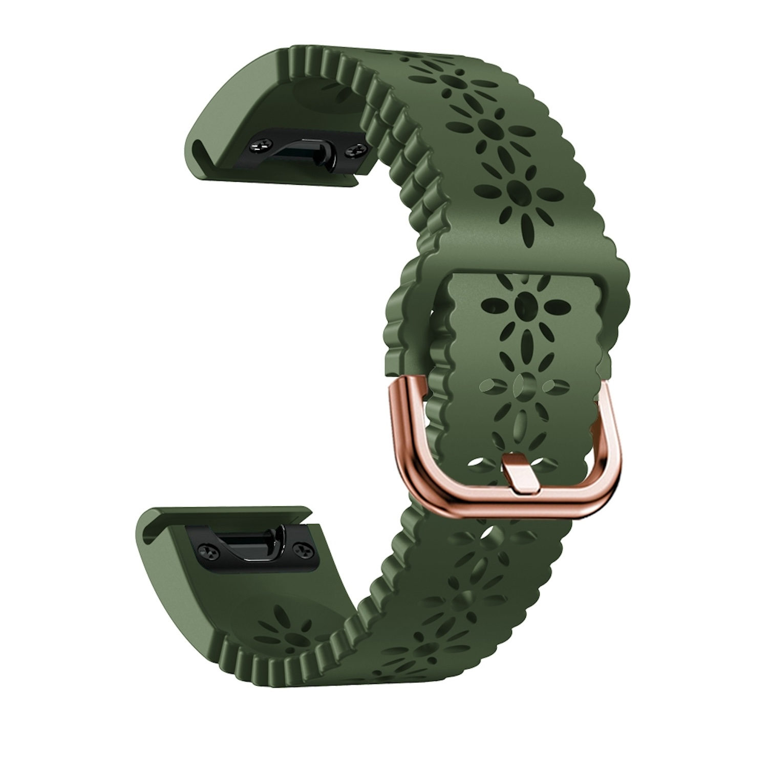 Grünes Uhrenarmband mit floralen Ausschnitten und kupferfarbener Schnalle. Weißer Hintergrund.