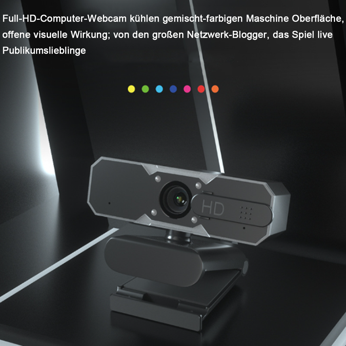Webcam mit Linse und Ständer, mit bunten Lichtern darüber. Schwarz und Silber.