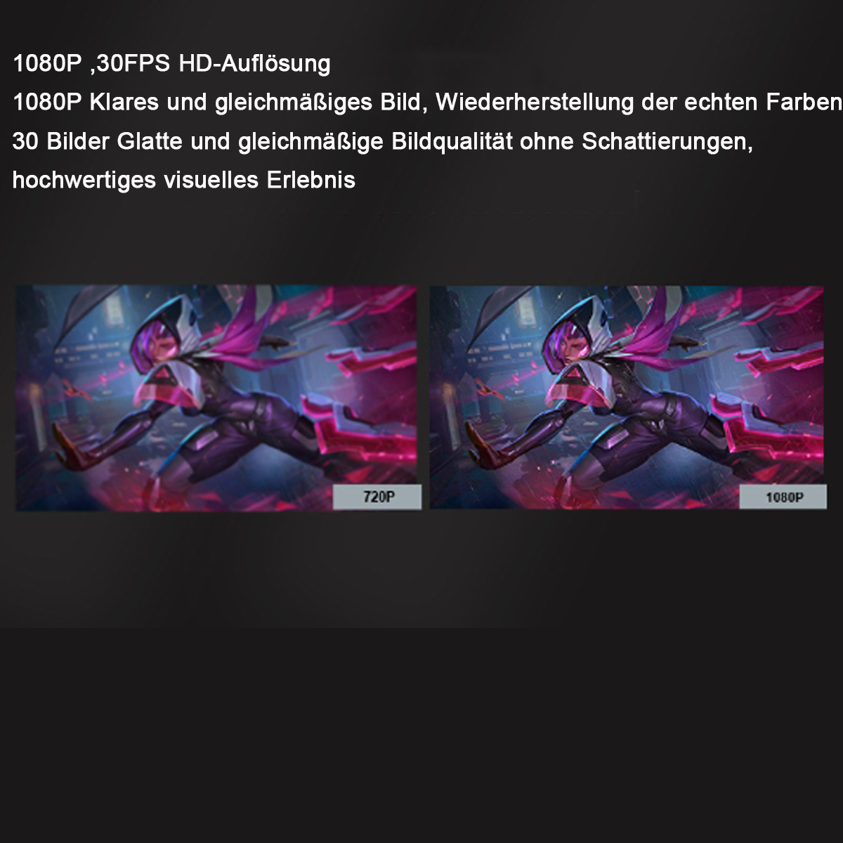 Zwei Bilder vergleichen 720p und 1080p Videoqualität eines Charakters.