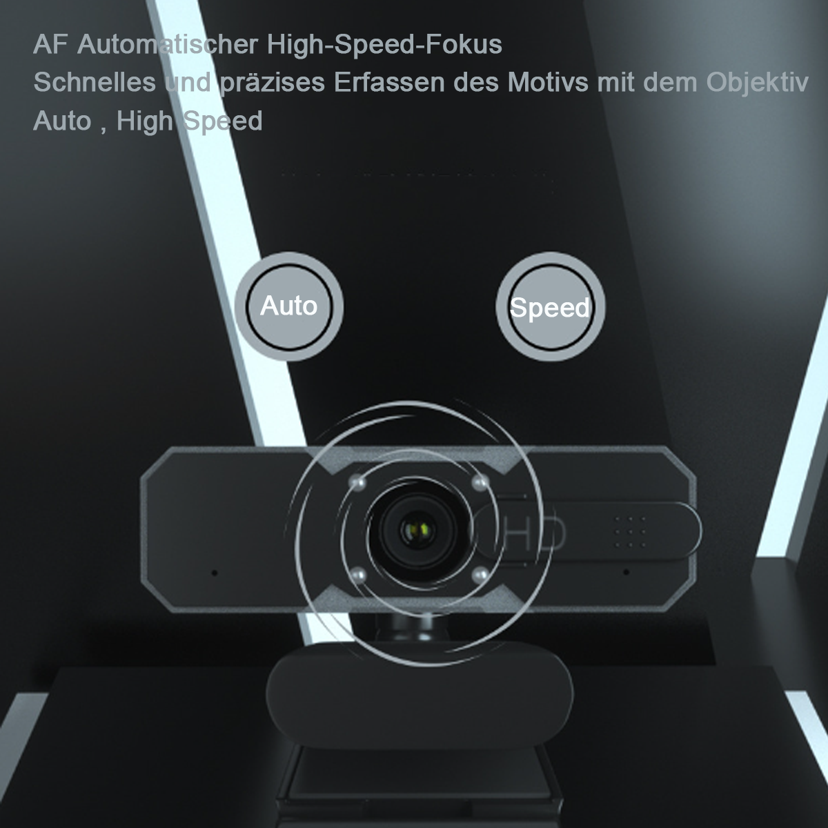 Webcam mit dunklem Hintergrund. Sie hat zwei Tasten mit der Aufschrift Auto und Speed.