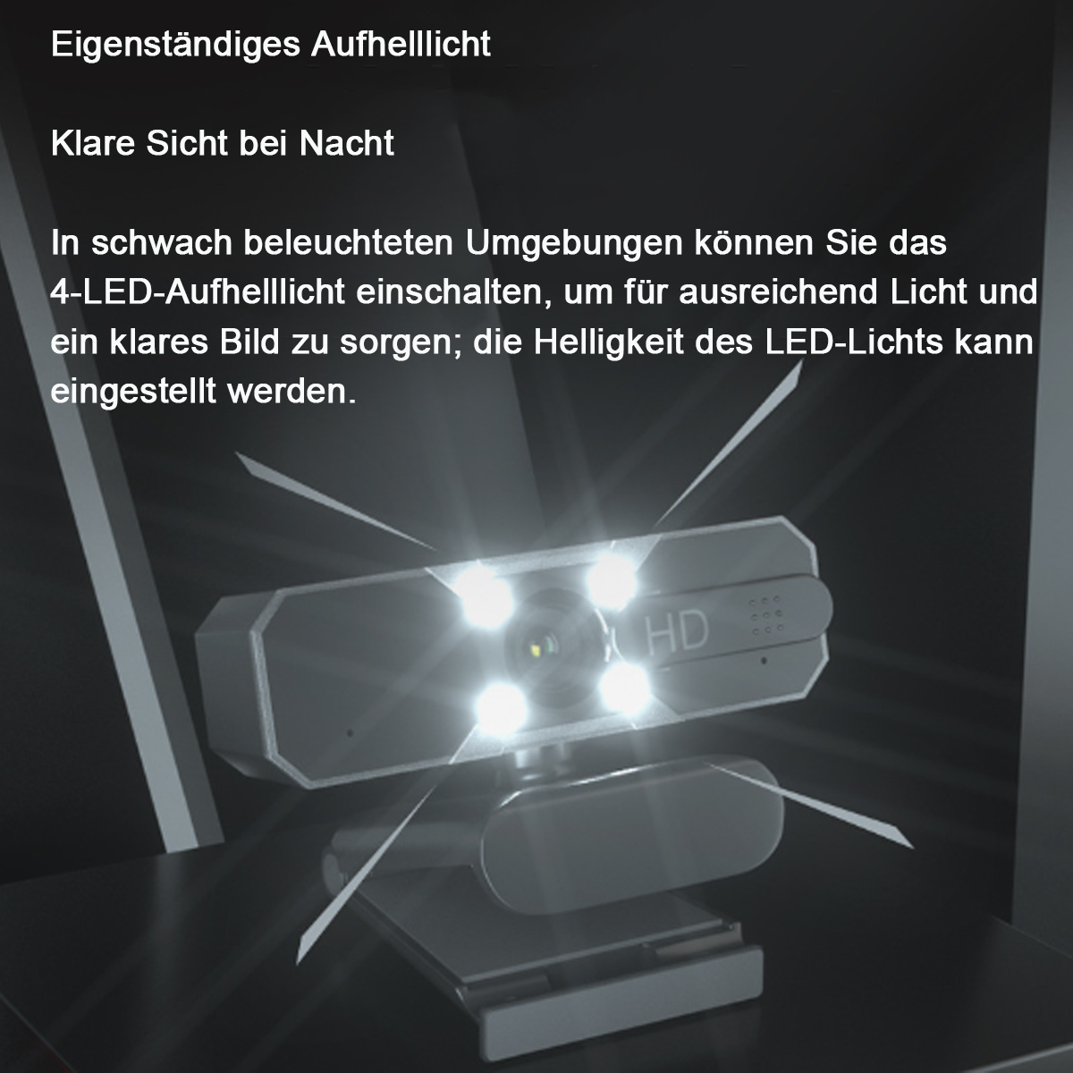 Webcam mit hellen Lichtern. Text darüber lautet: 'Klare Nachtsicht'. Es ist in dunkler Umgebung.